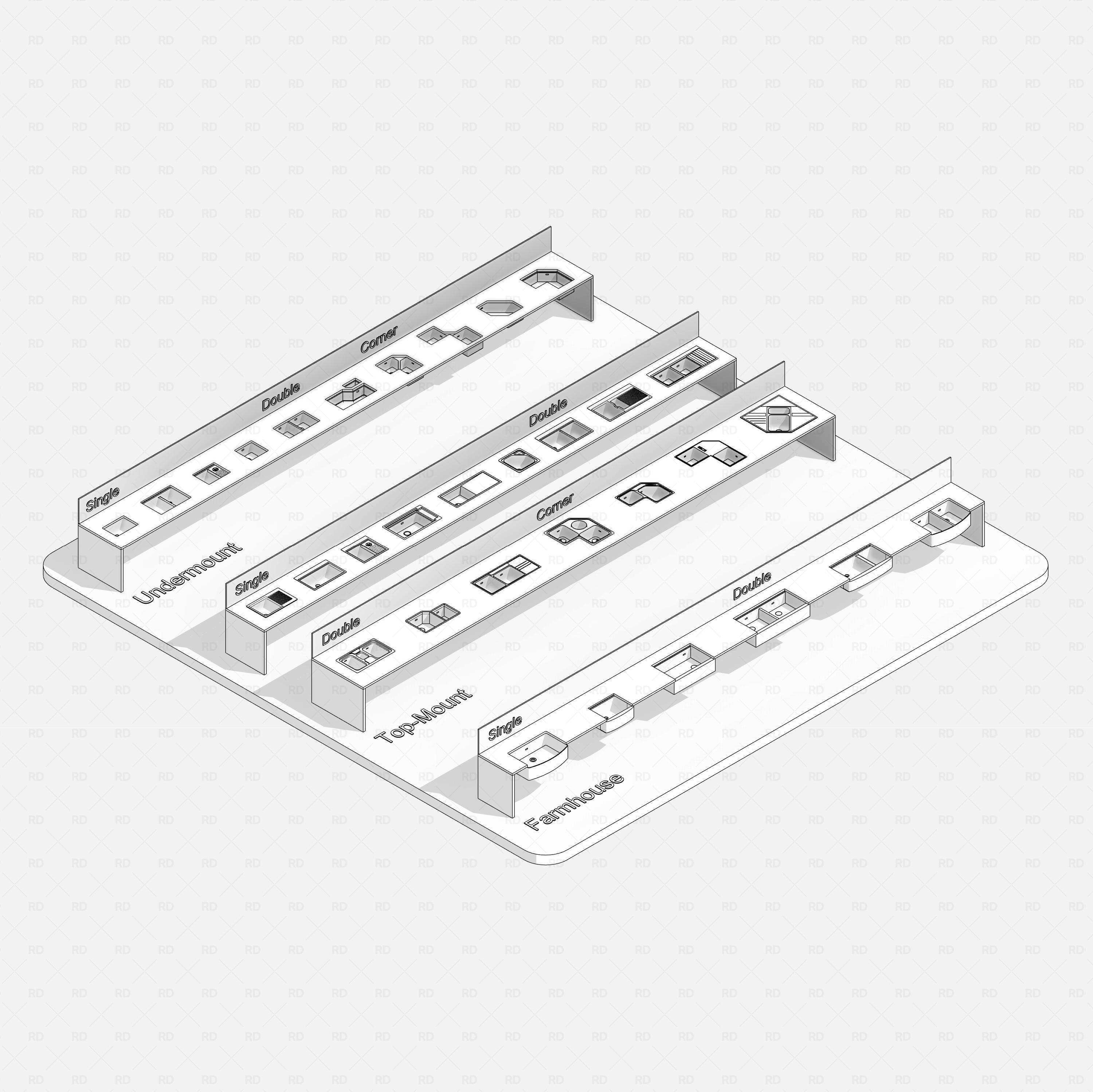 revit kitchen sink RD Studio BIM blocks rfa - white background render of undermount, top mount, and farmhouse lineup