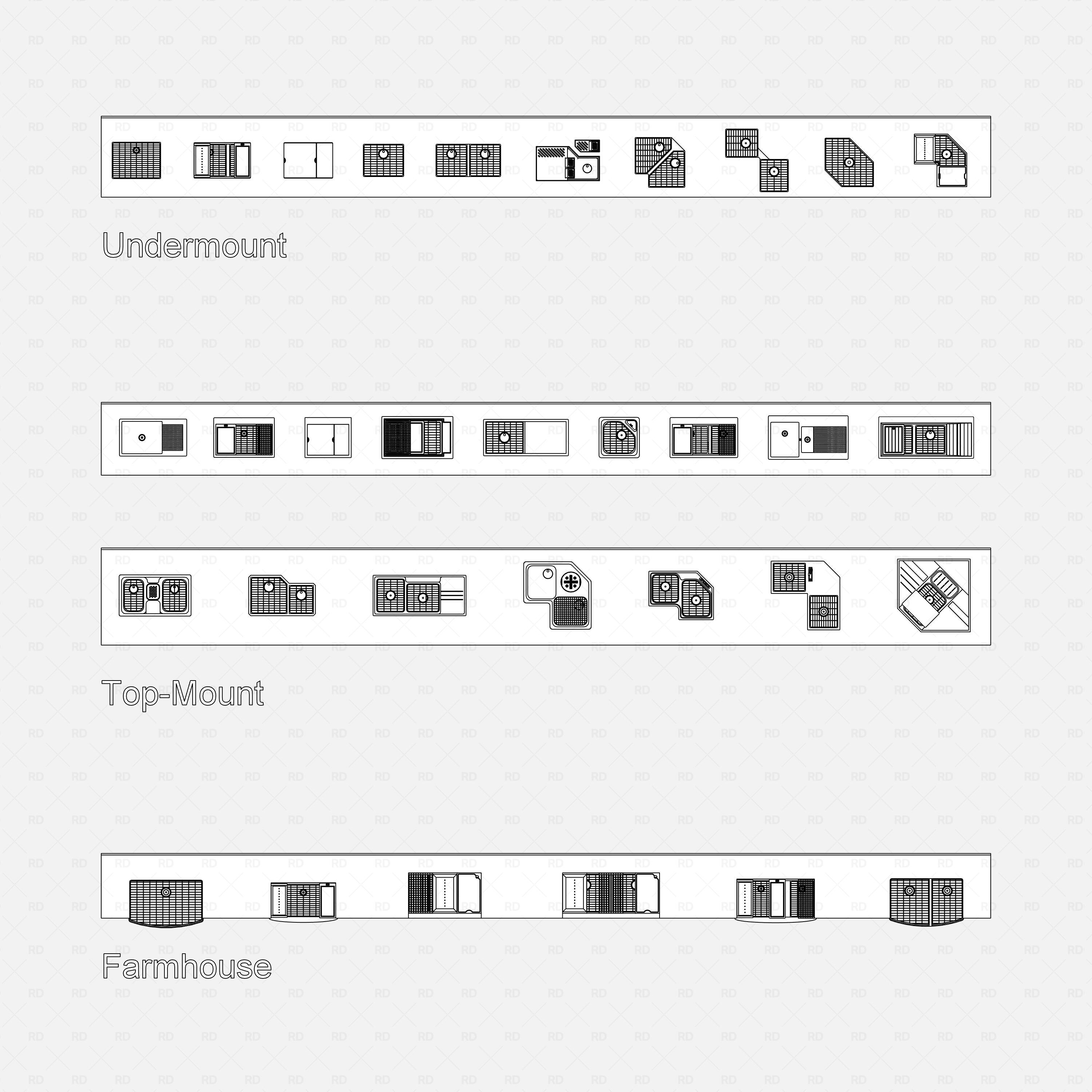 revit kitchen sink with accessories RD Studio BIM blocks rfa, plan views grouped by undermount, top-mount, farmhouse