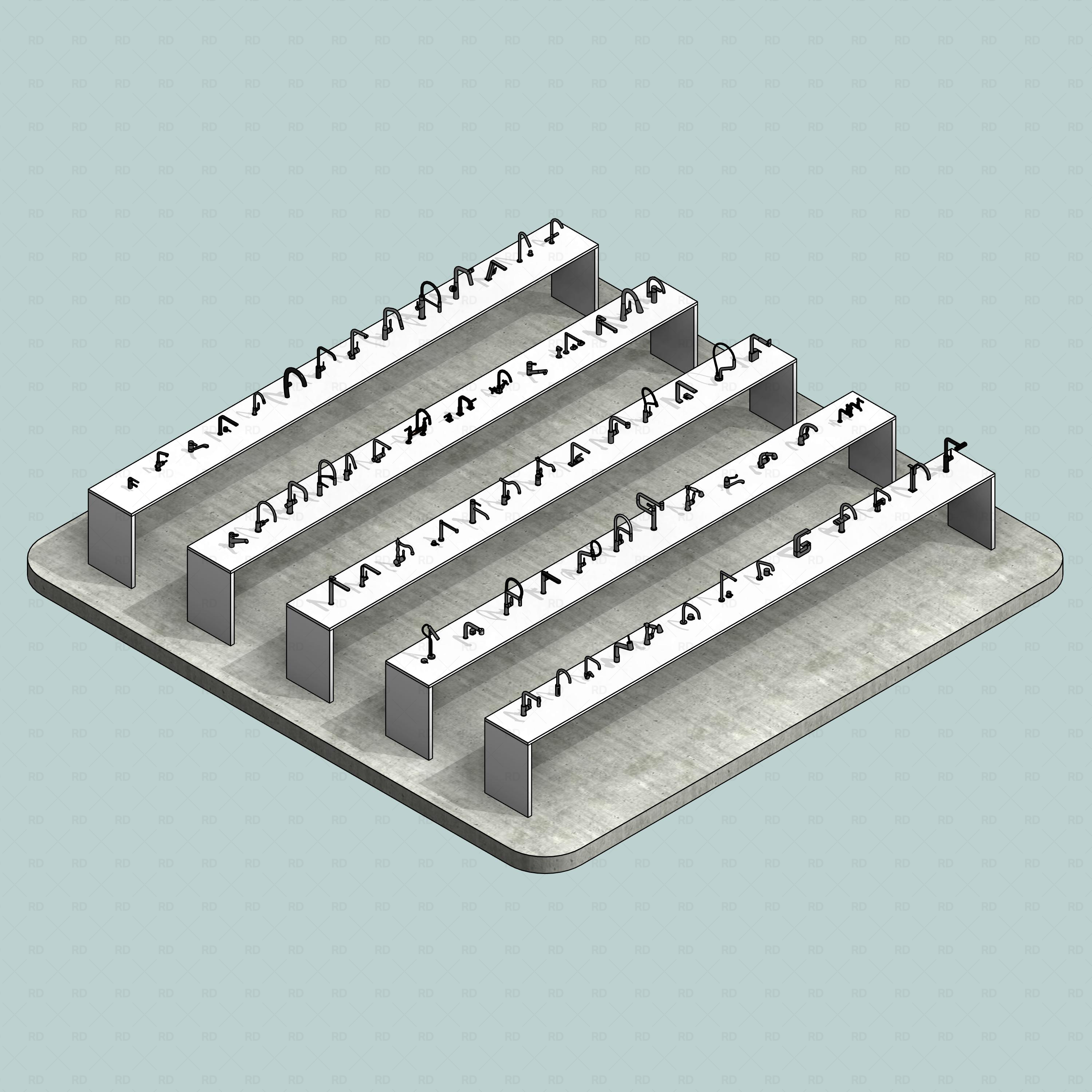 revit taps pro pack RD Studio BIM blocks rfa shaded 3D render of complete tap pack on stepped stands