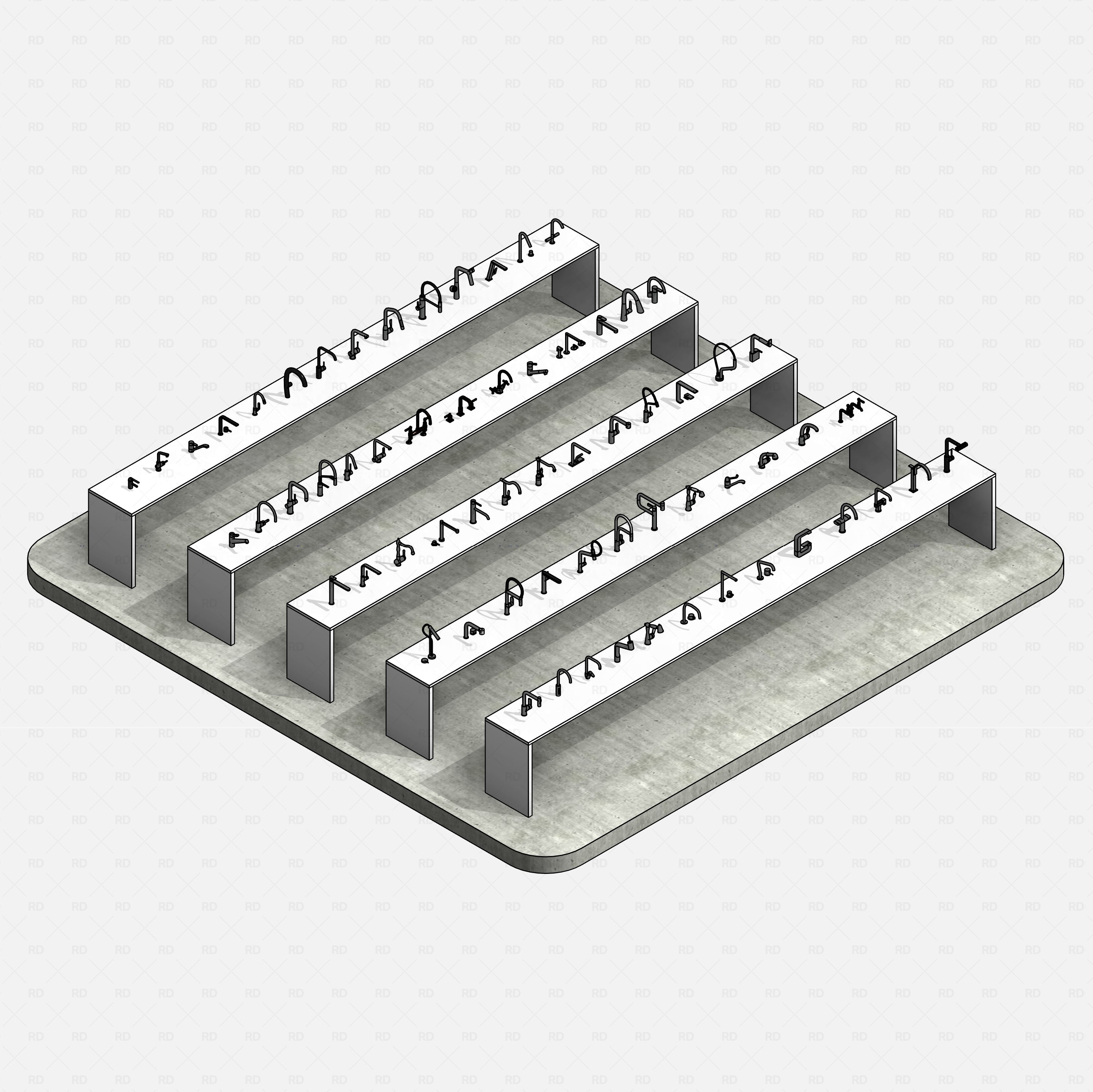 revit taps pro pack RD Studio BIM blocks rfa shaded 3D render of complete tap pack on stepped stands