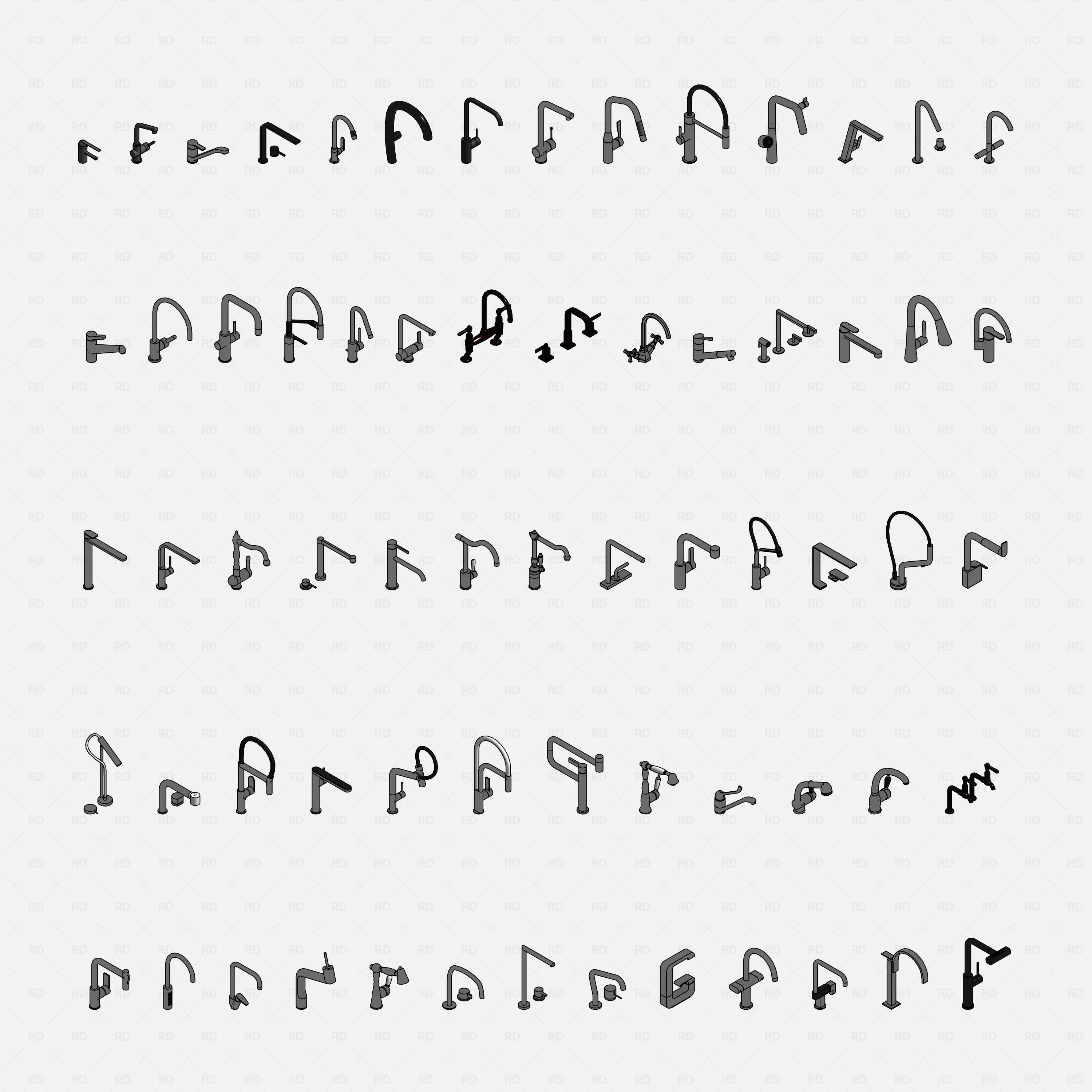 revit taps pro pack RD Studio BIM blocks rfa grid of all tap family types in axonometric views