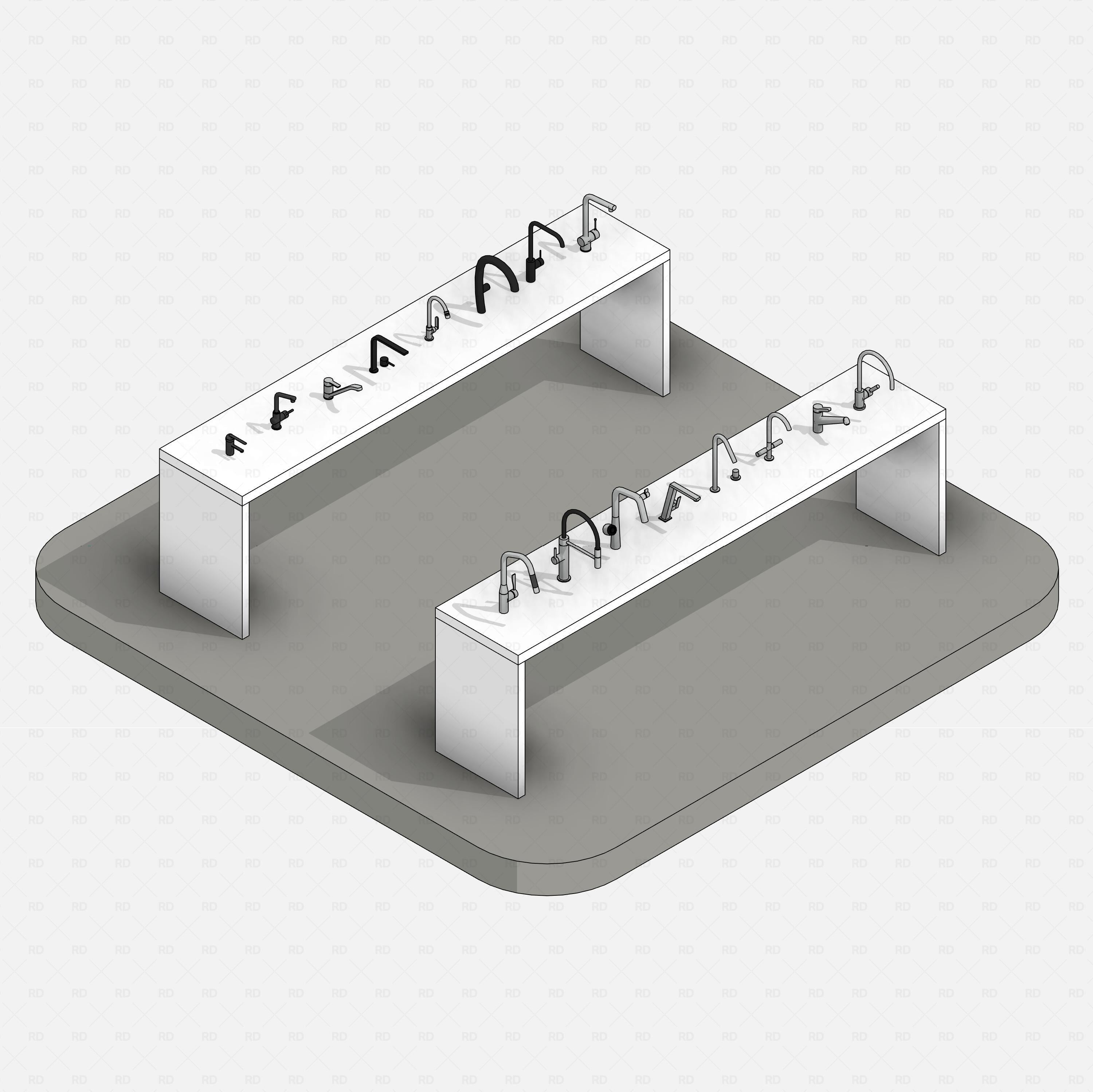 revit taps starter pack RD Studio BIM blocks rfa hidden line overview of all tap families on display benches