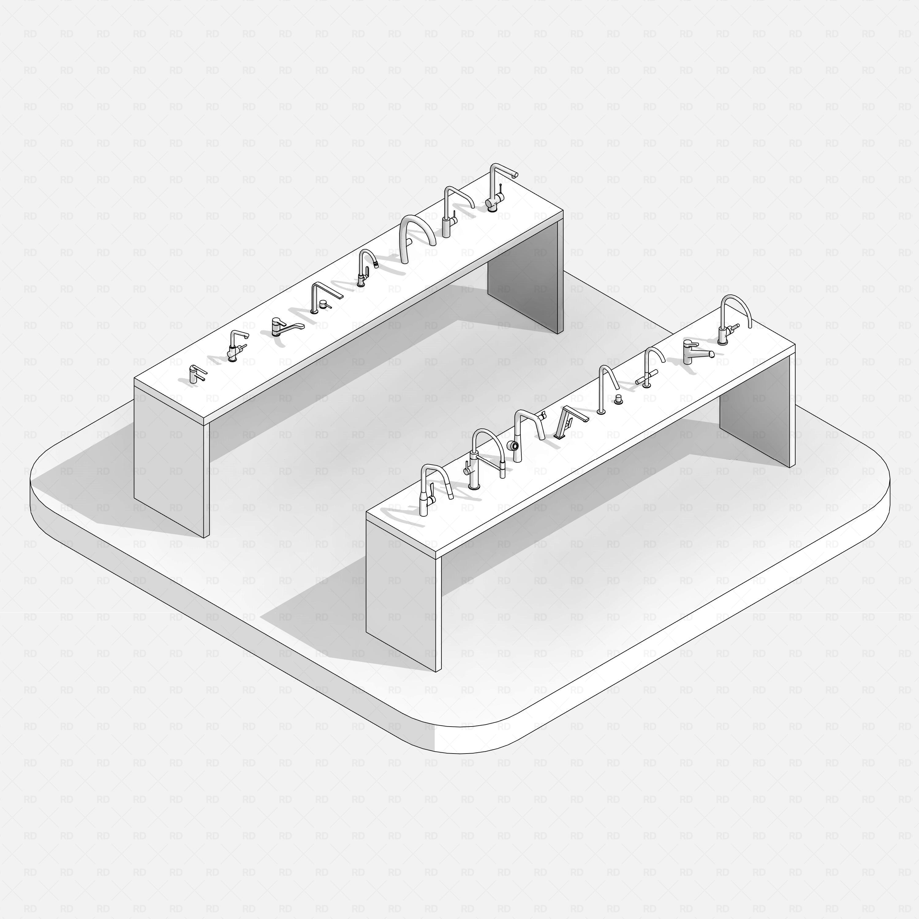 revit taps starter pack RD Studio BIM blocks rfa hidden line overview of all tap families on display benches
