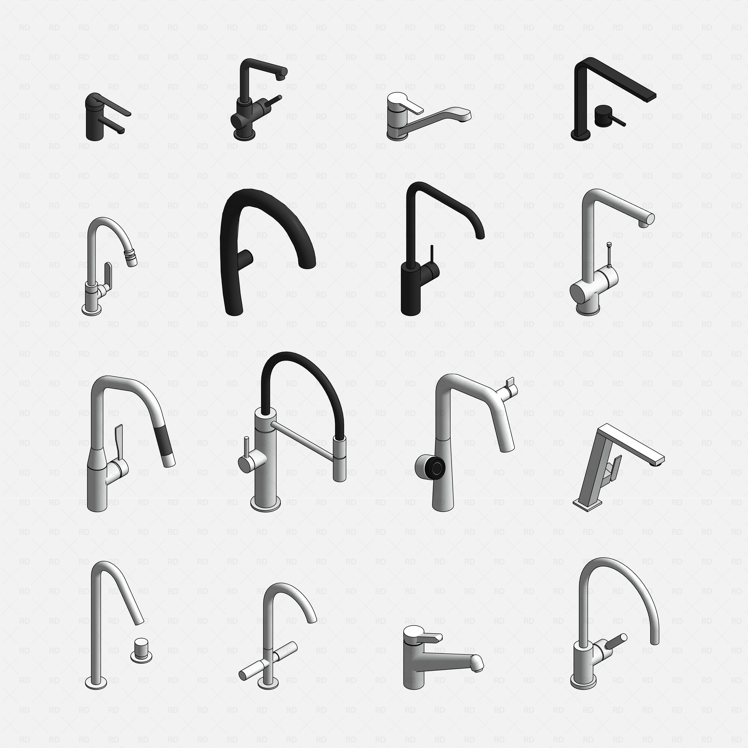 revit taps starter pack RD Studio BIM blocks rfa grid of modern kitchen tap types in isometric view