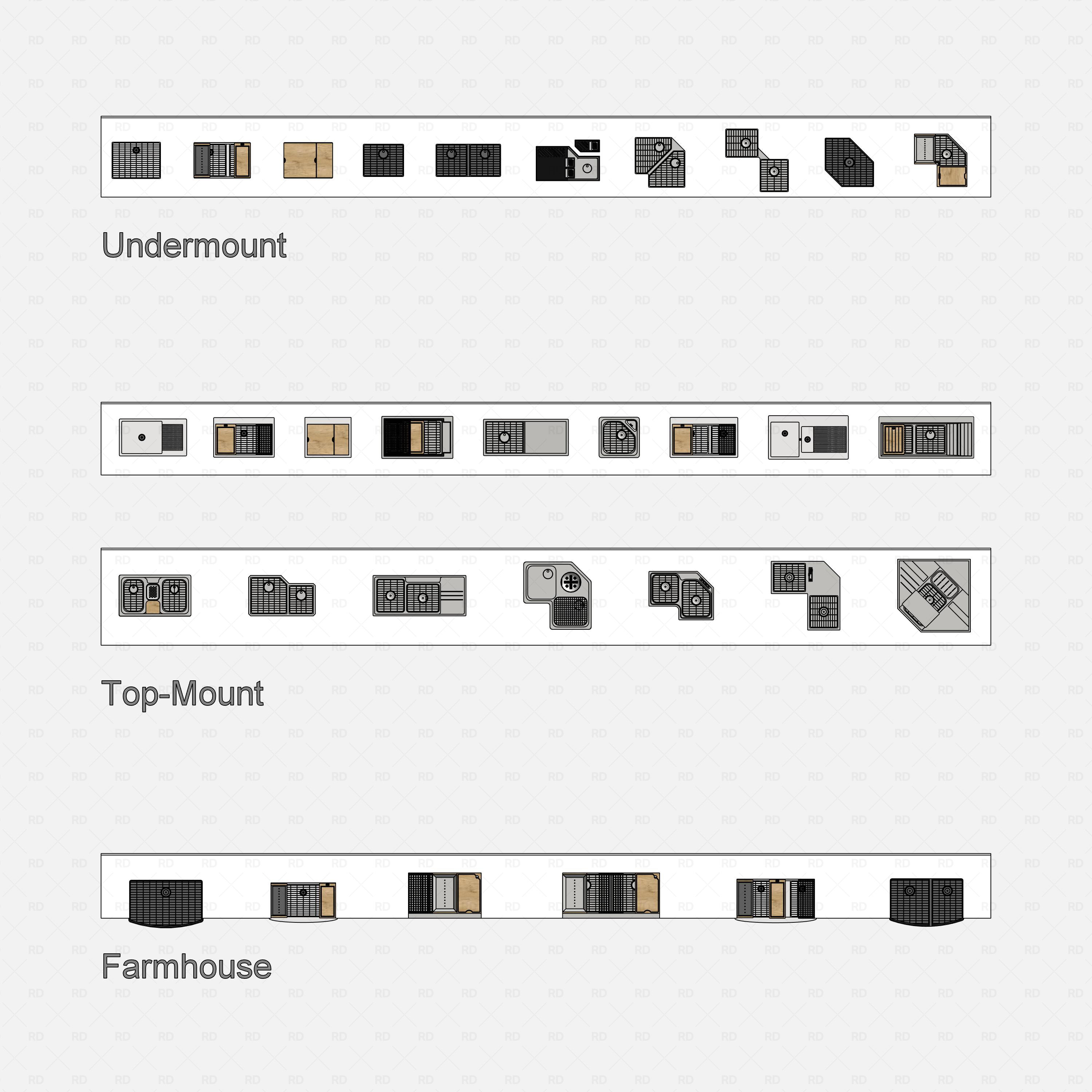 revit kitchen sink with accessories RD Studio BIM blocks rfa, top-view sheets, neutral background