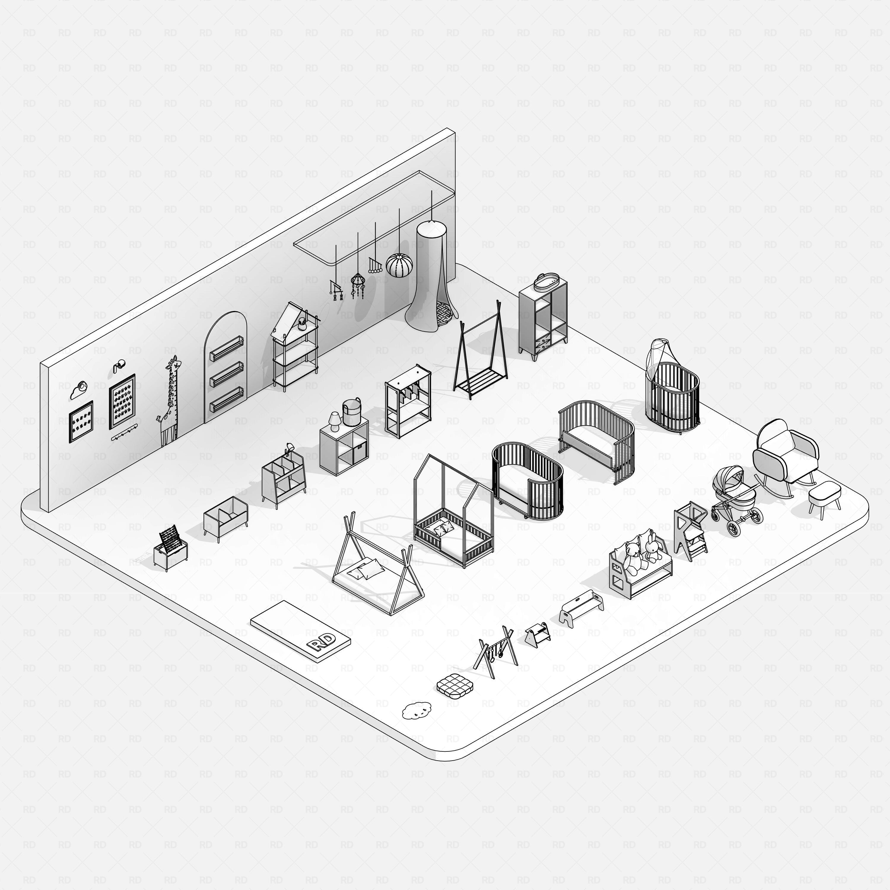 Revit kids bedroom Pack RD Studio BIM blocks rfa hidden line axon of Montessori bedroom furniture set
