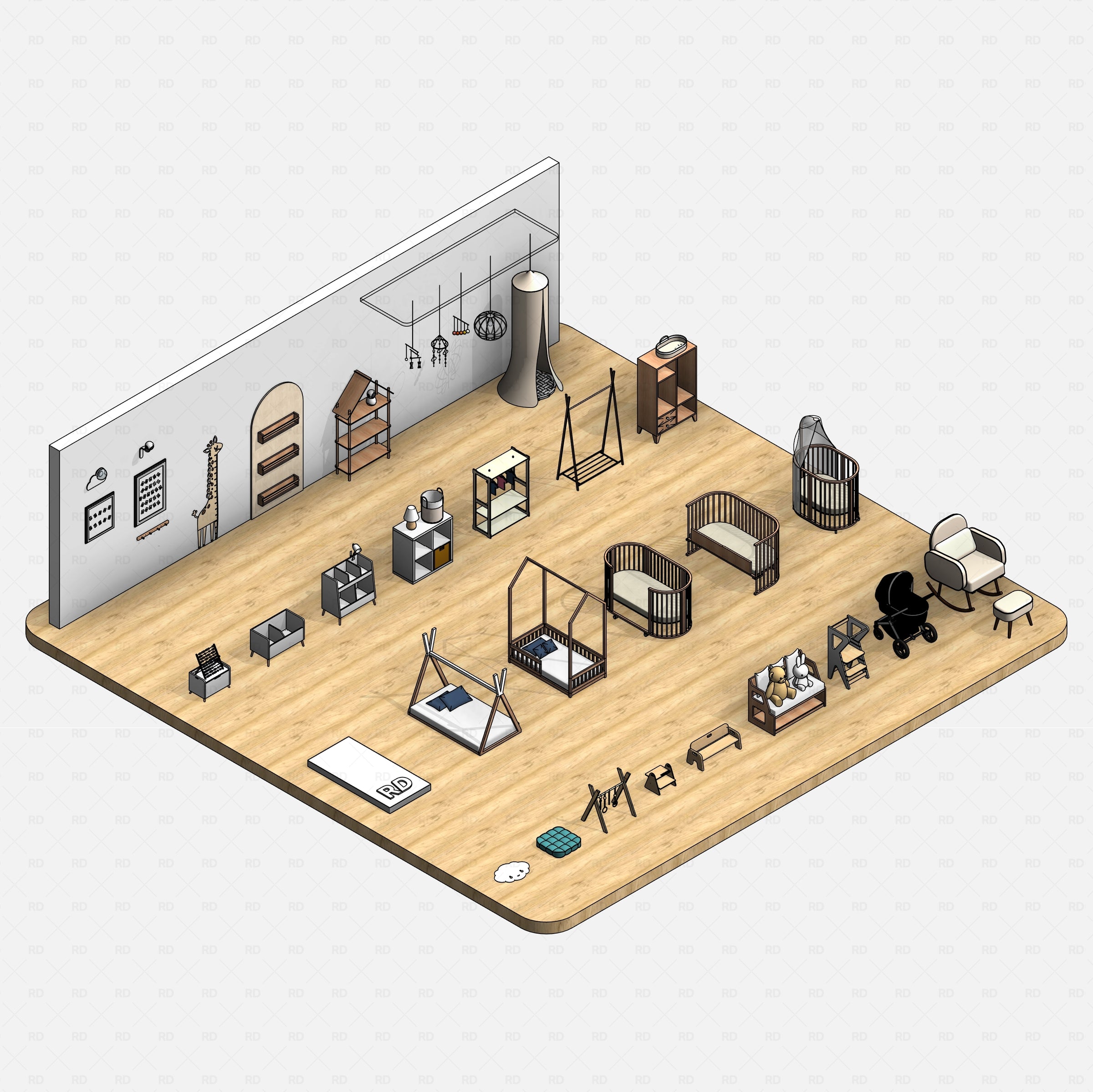 Revit kids bedroom Pack RD Studio BIM blocks rfa isometric Montessori bedroom layout on wood floor with crib and bed