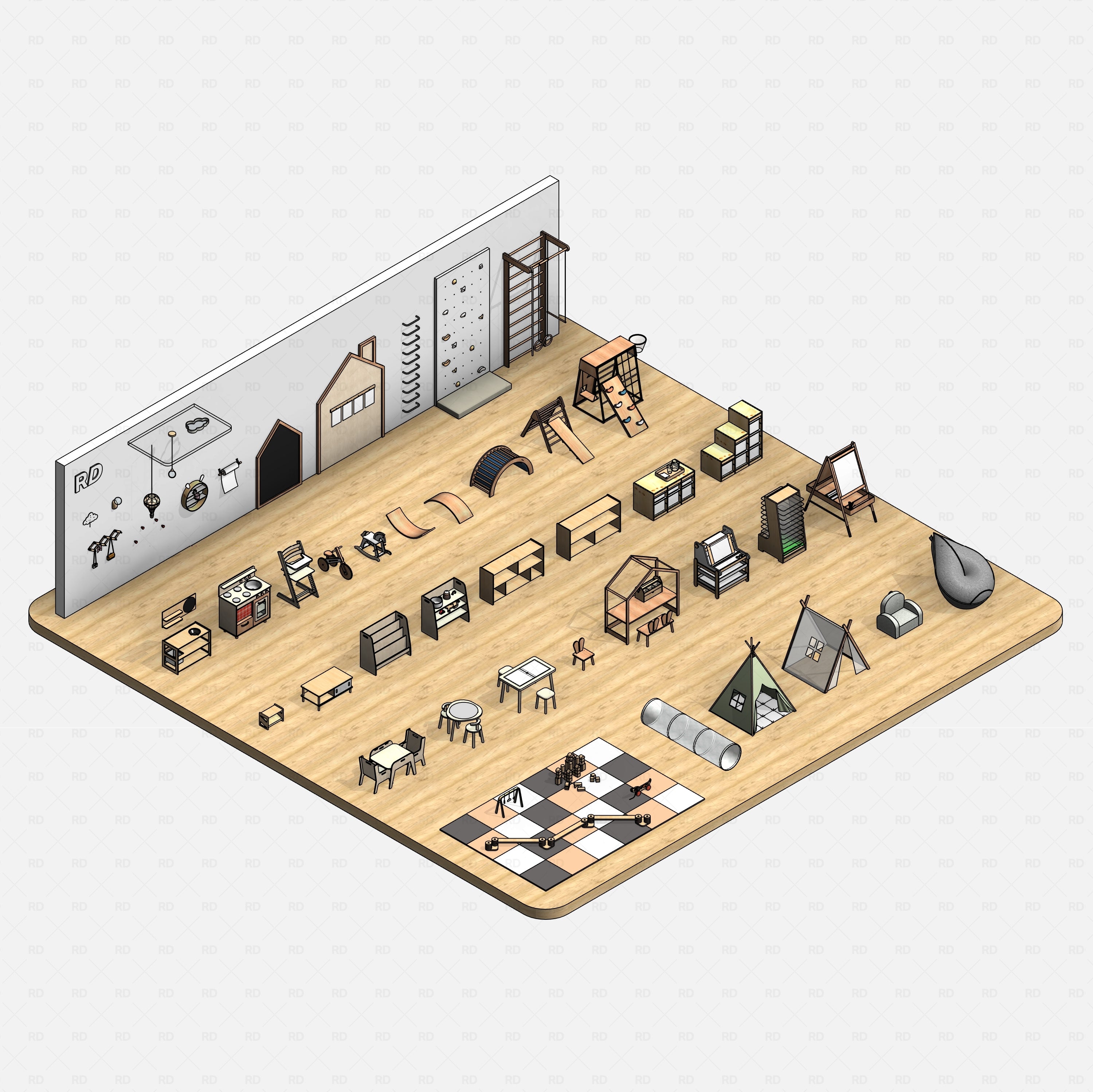 Revit kids playroom Pack RD Studio BIM blocks rfa, realistic Montessori playroom with outlined toys and furniture