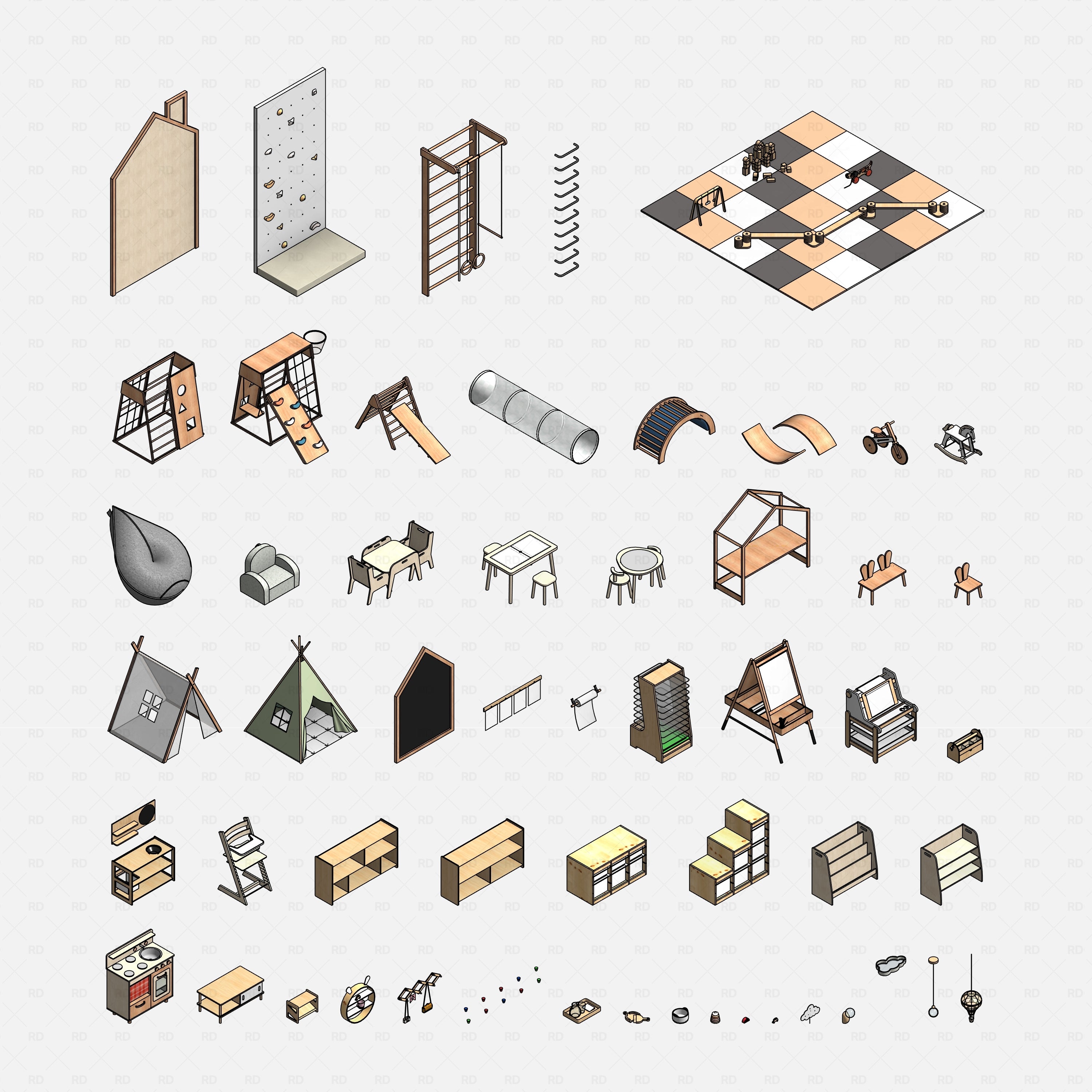 Revit kids playroom Pack RD Studio BIM blocks rfa, grid of individual Montessori playroom furniture and toys