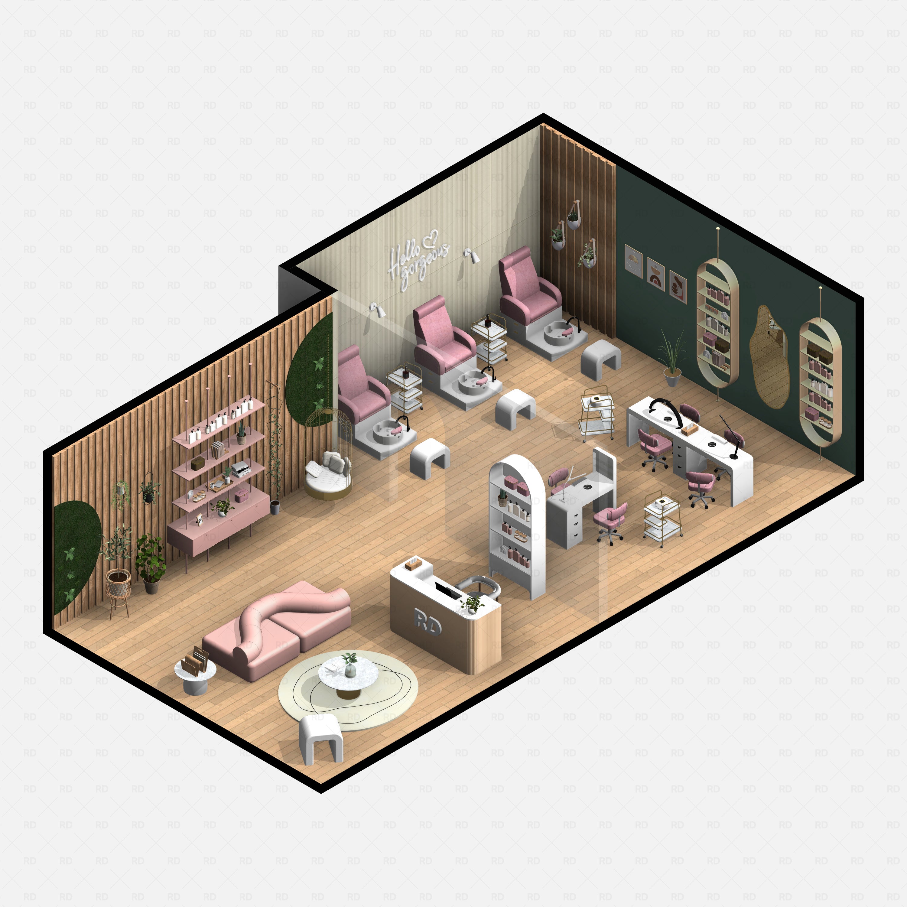 Revit nail studio Pack RD Studio BIM blocks rfa pink themed cozy nail studio interior design 