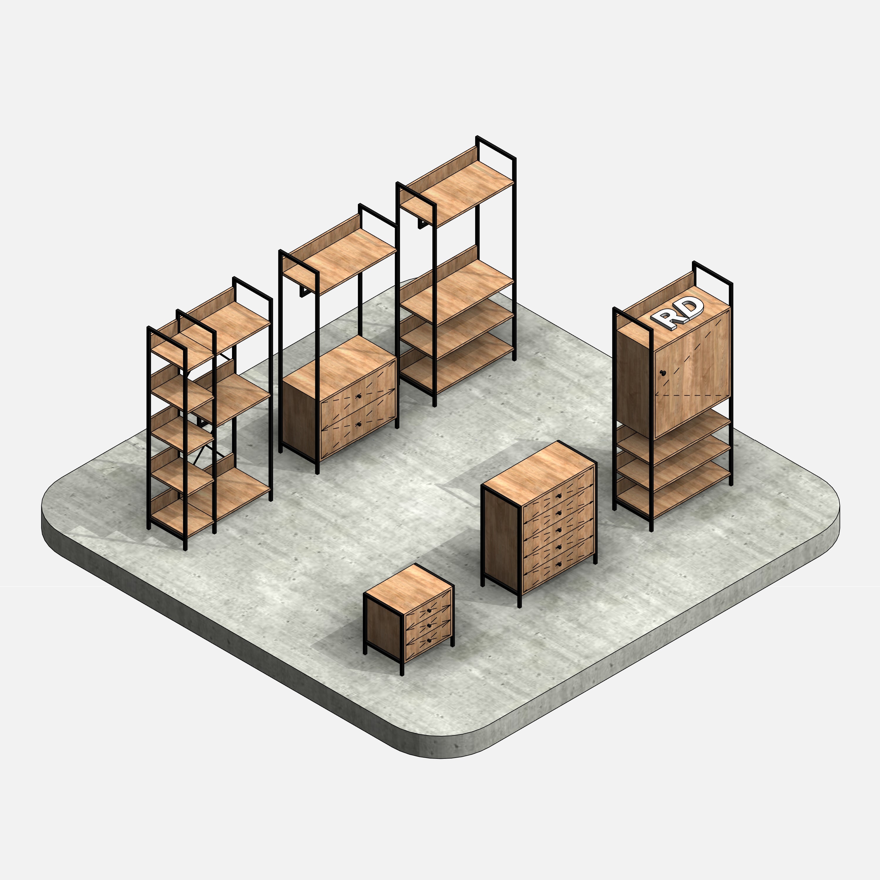Open Wardrobe System 02 Collection Rendered Overview On Concrete Base, RD Studio BIM Blocks (RFA)