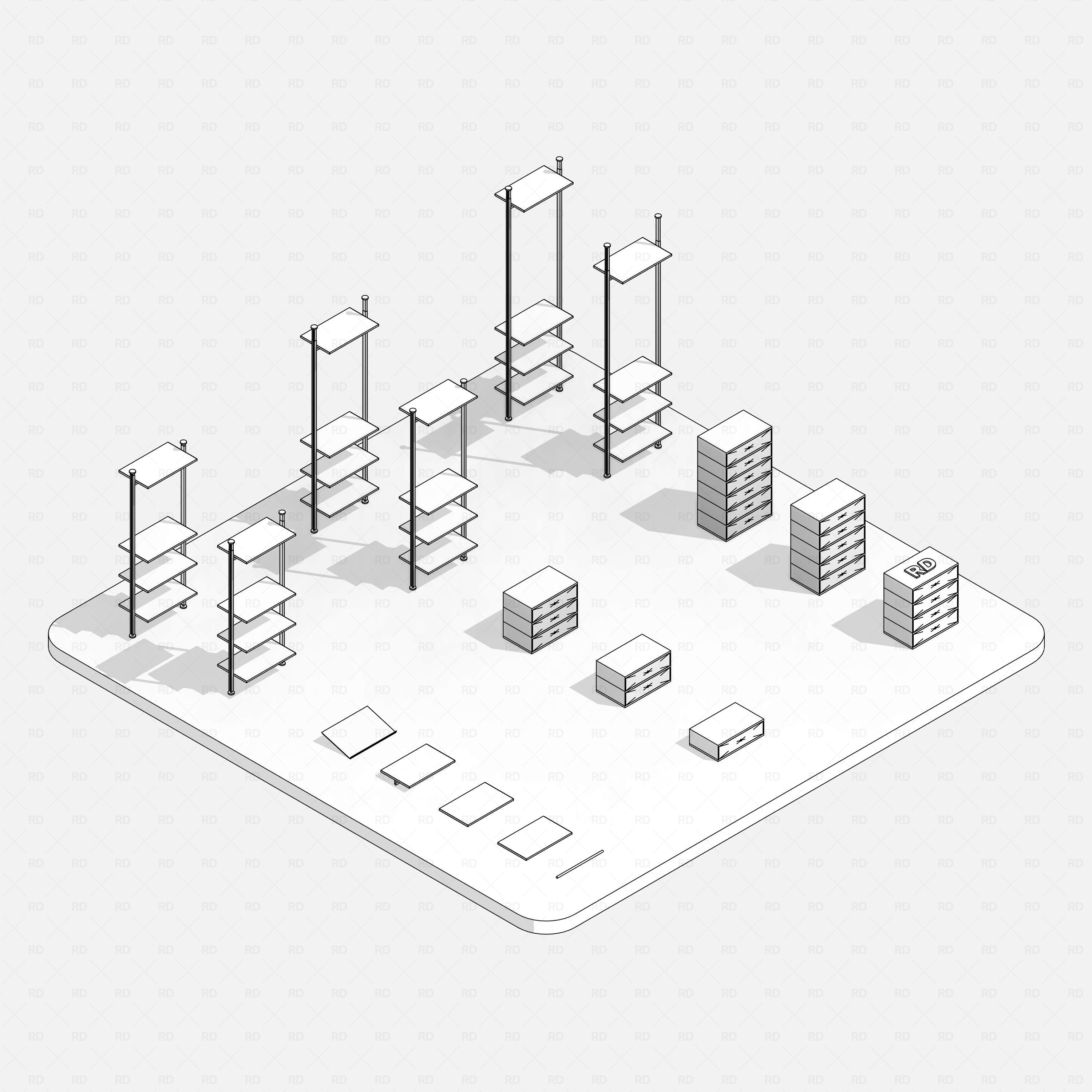 Revit Open Wardrobe System 03 (Posts Structure) RD Studio BIM blocks rfa, hidden line showroom of system components