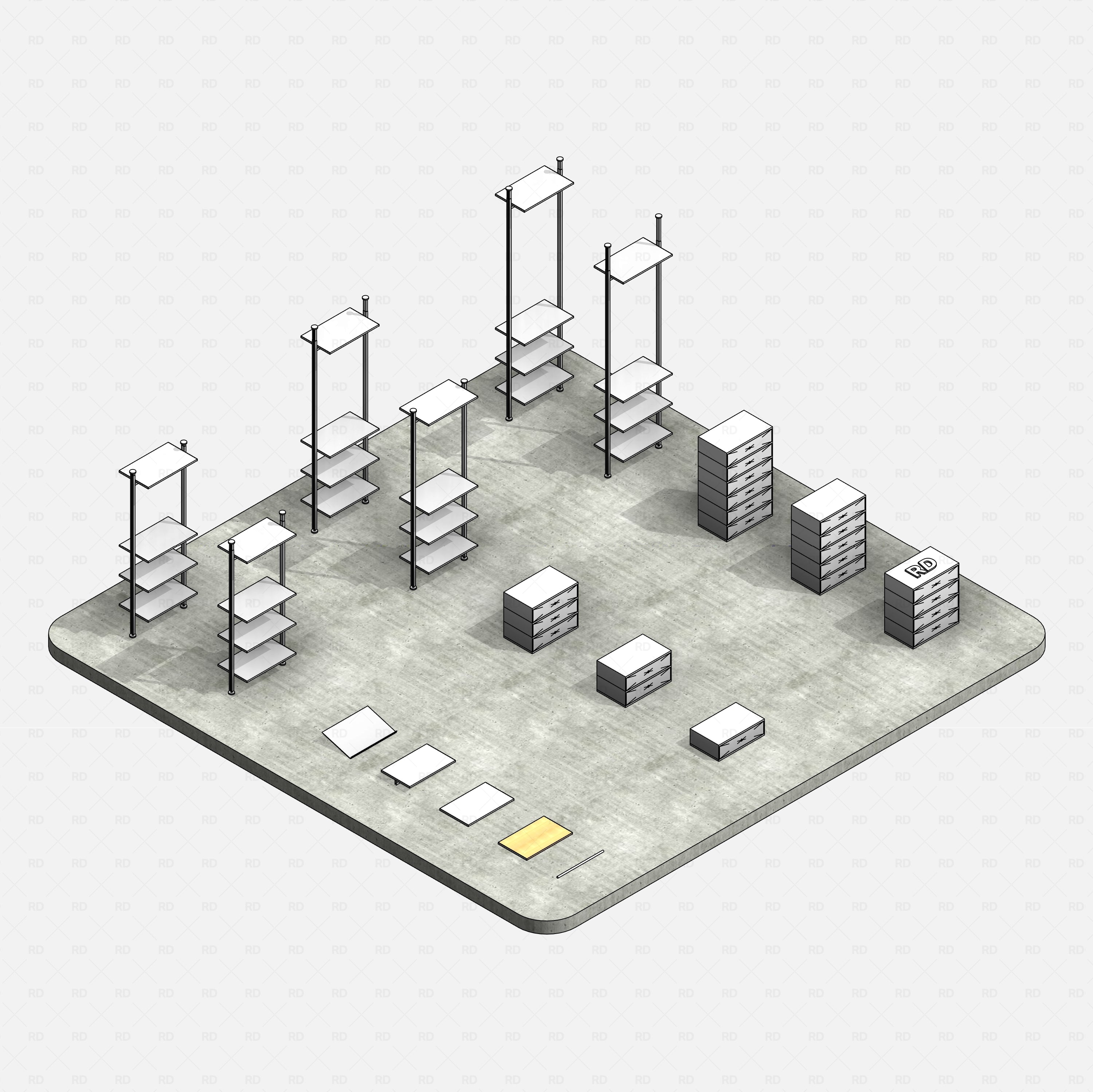 Revit Open Wardrobe System 03 (Posts Structure) RD Studio BIM blocks rfa, showroom layout, rendered concrete base