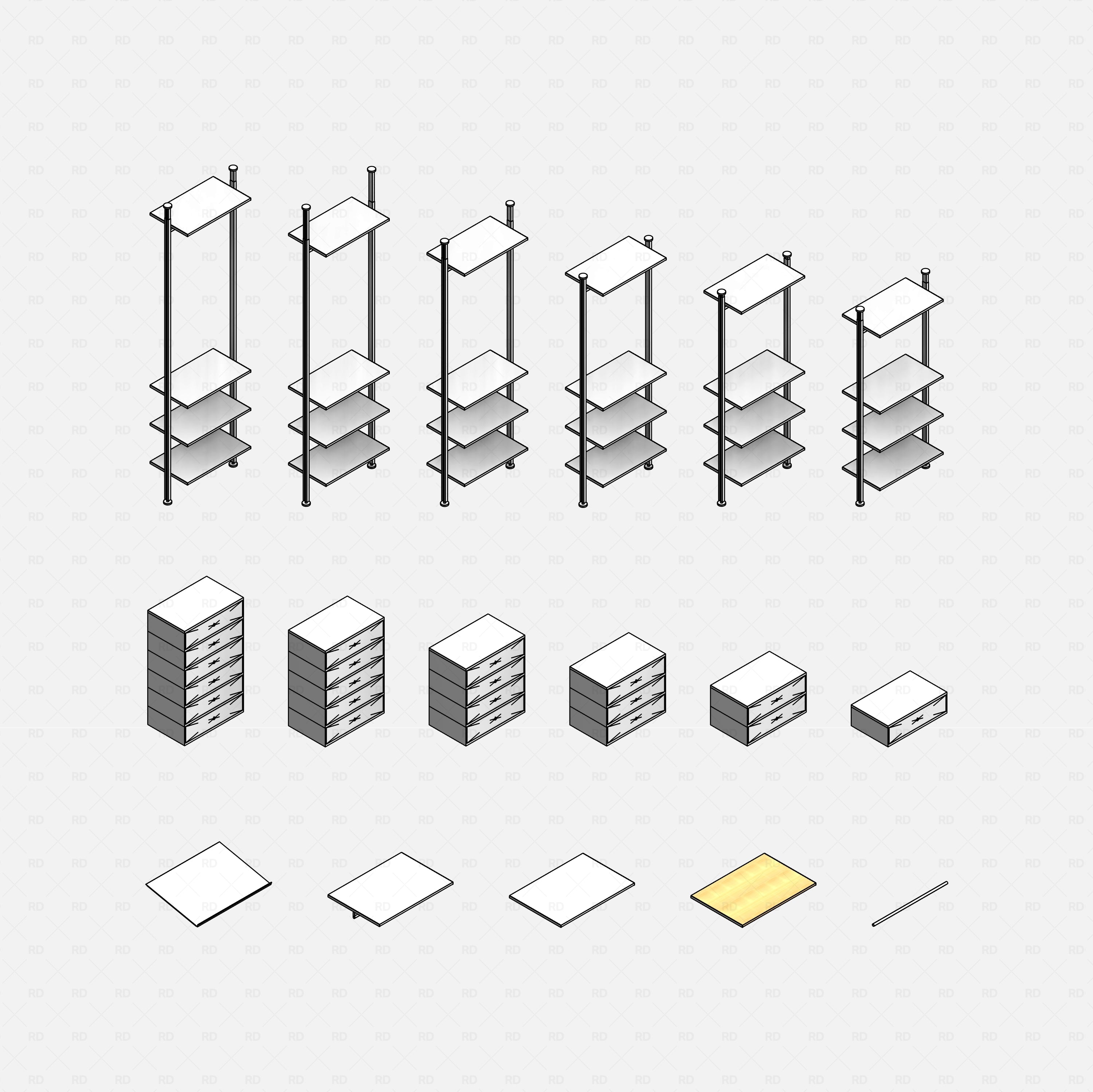 Revit Open Wardrobe System 03 (Posts Structure) RD Studio BIM blocks rfa, grid of posts, drawers, shelves, rail