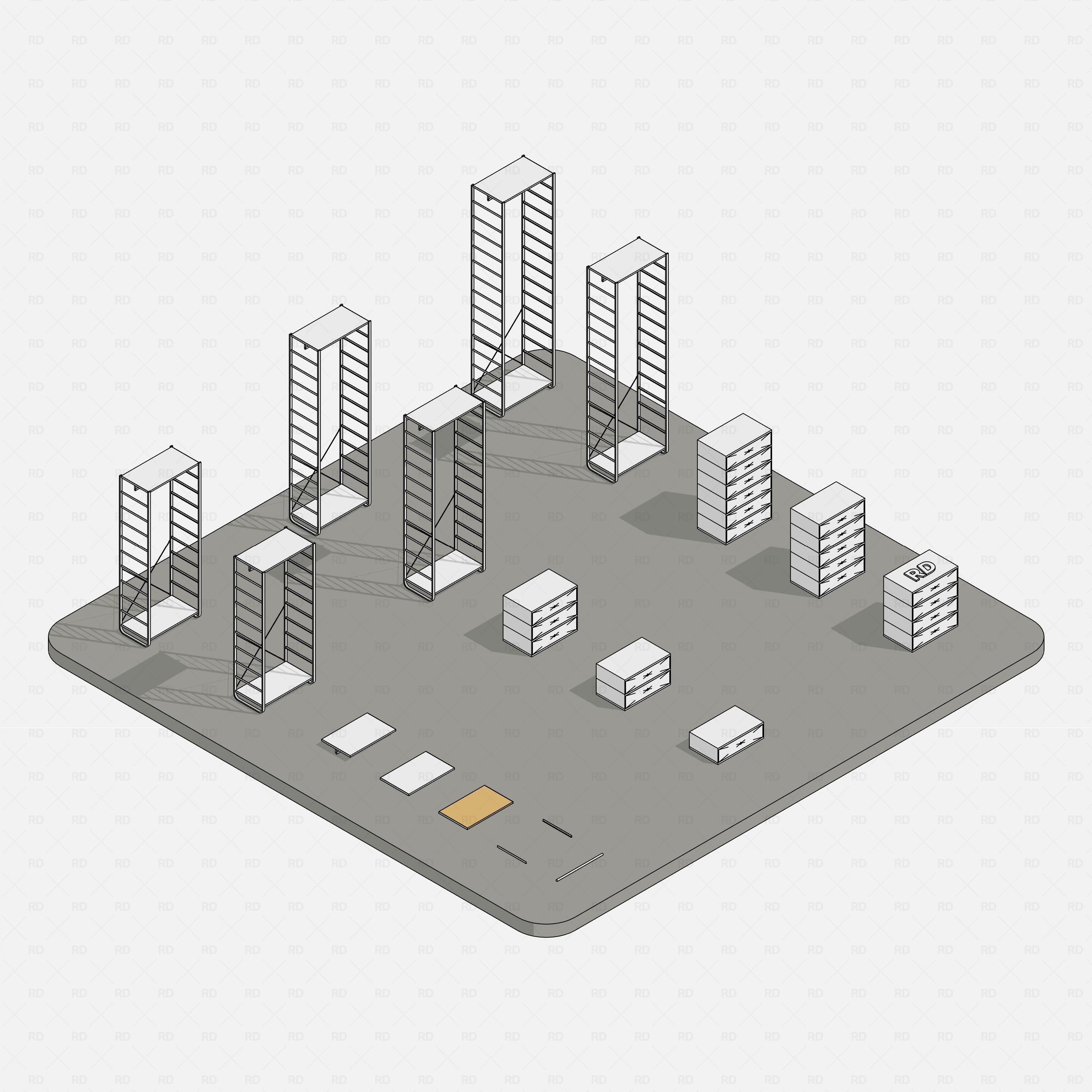 Revit Open Wardrobe System 03 (Side Unit) RD Studio BIM blocks rfa, isometric showroom of all side units and bases, clay render