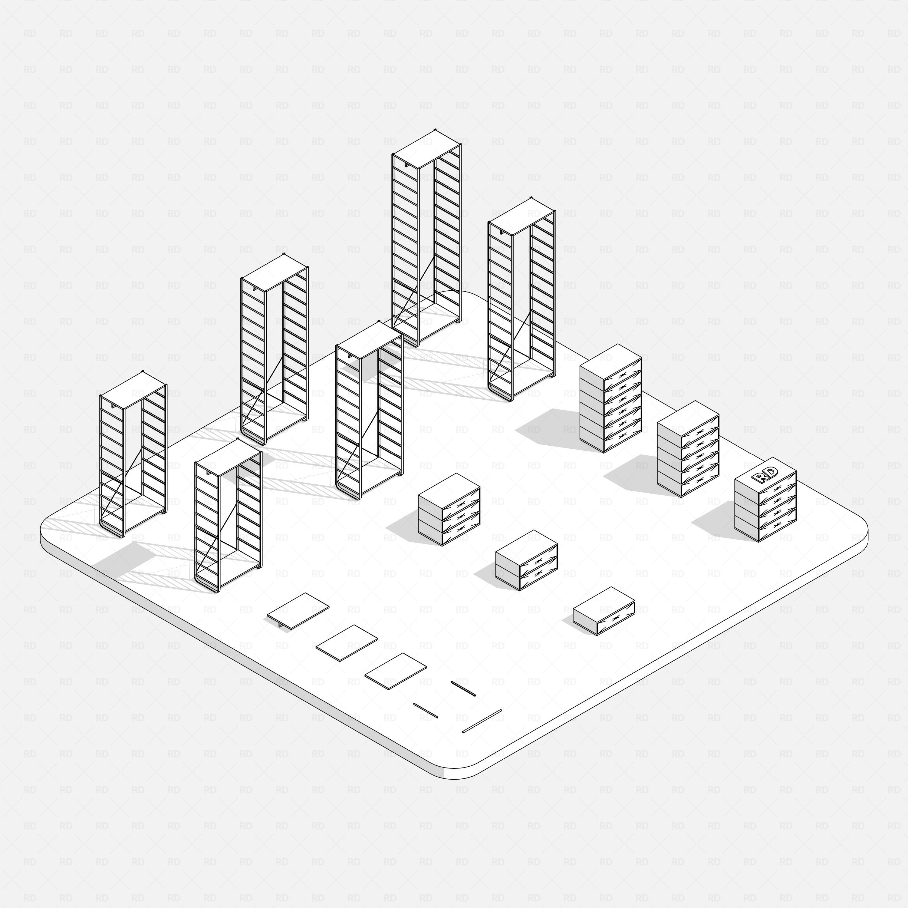 Revit Open Wardrobe System 03 (Side Unit) RD Studio BIM blocks rfa, hidden-line view of all side units and cabinet bases