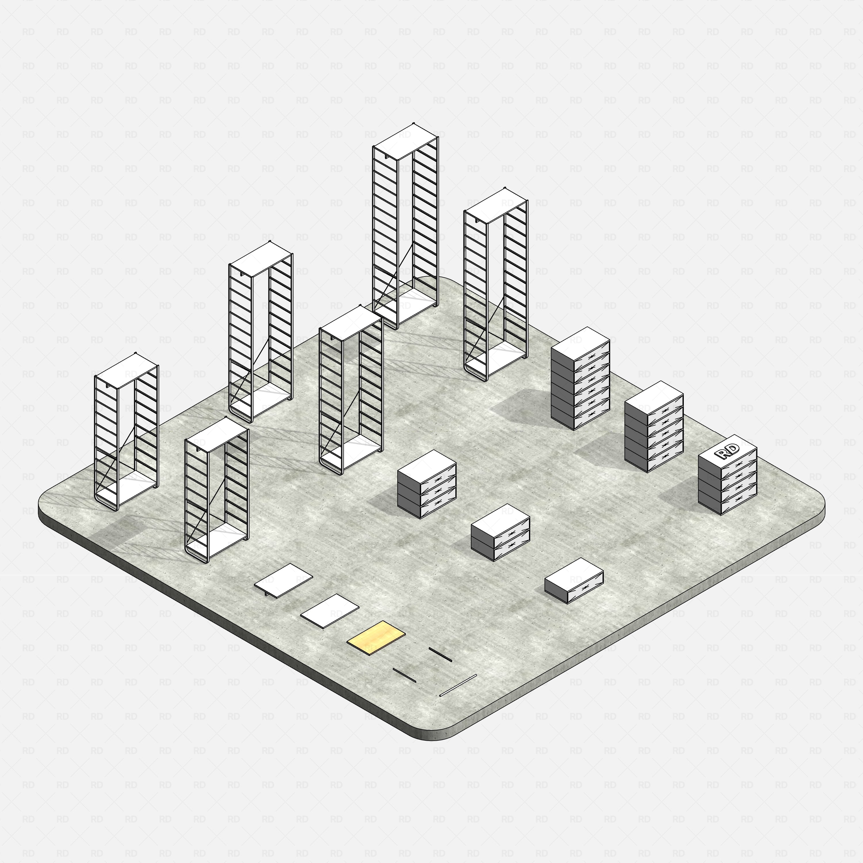 Revit Open Wardrobe System 03 (Side Unit) RD Studio BIM blocks rfa, full set on concrete, rendered