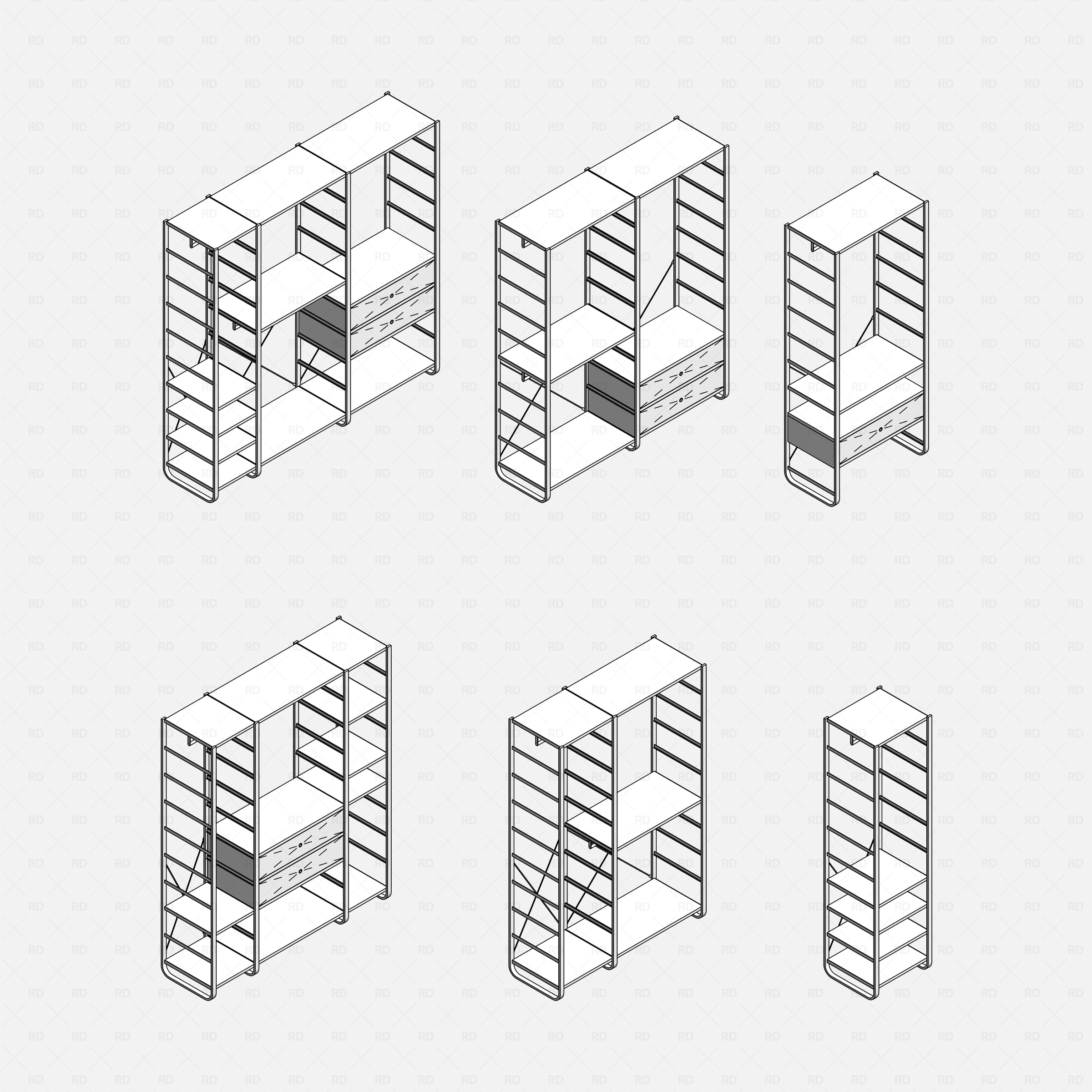 Revit Open Wardrobe System 03 (Side Unit) RD Studio BIM blocks rfa, six frame combinations, no clothes