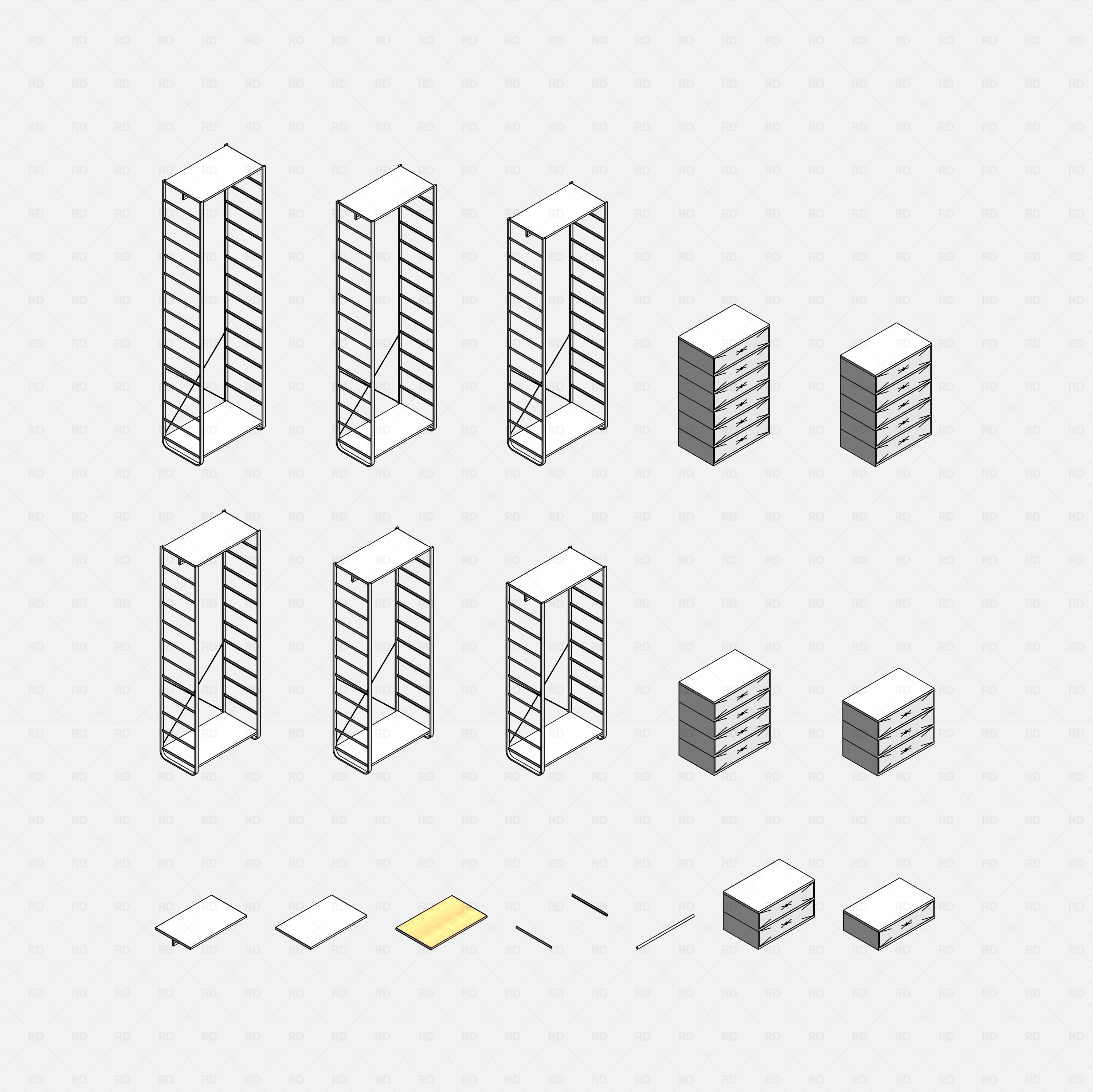 Revit Open Wardrobe System 03 (Side Unit) RD Studio BIM blocks rfa, frames and inserts arranged in grid
