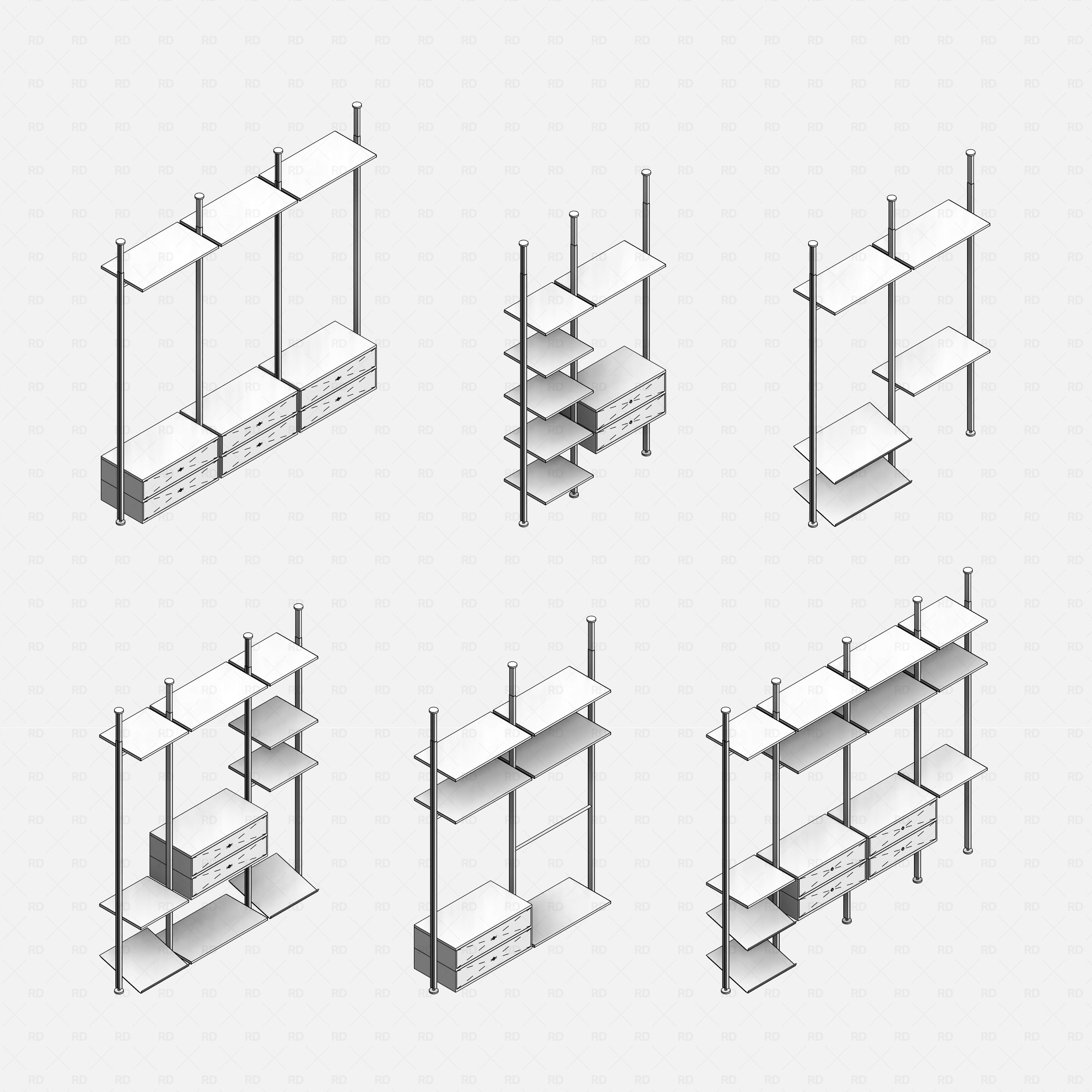 Revit Open Wardrobe System 03 (Posts Structure) RD Studio BIM blocks rfa, six post-frame wardrobe combos without clothes