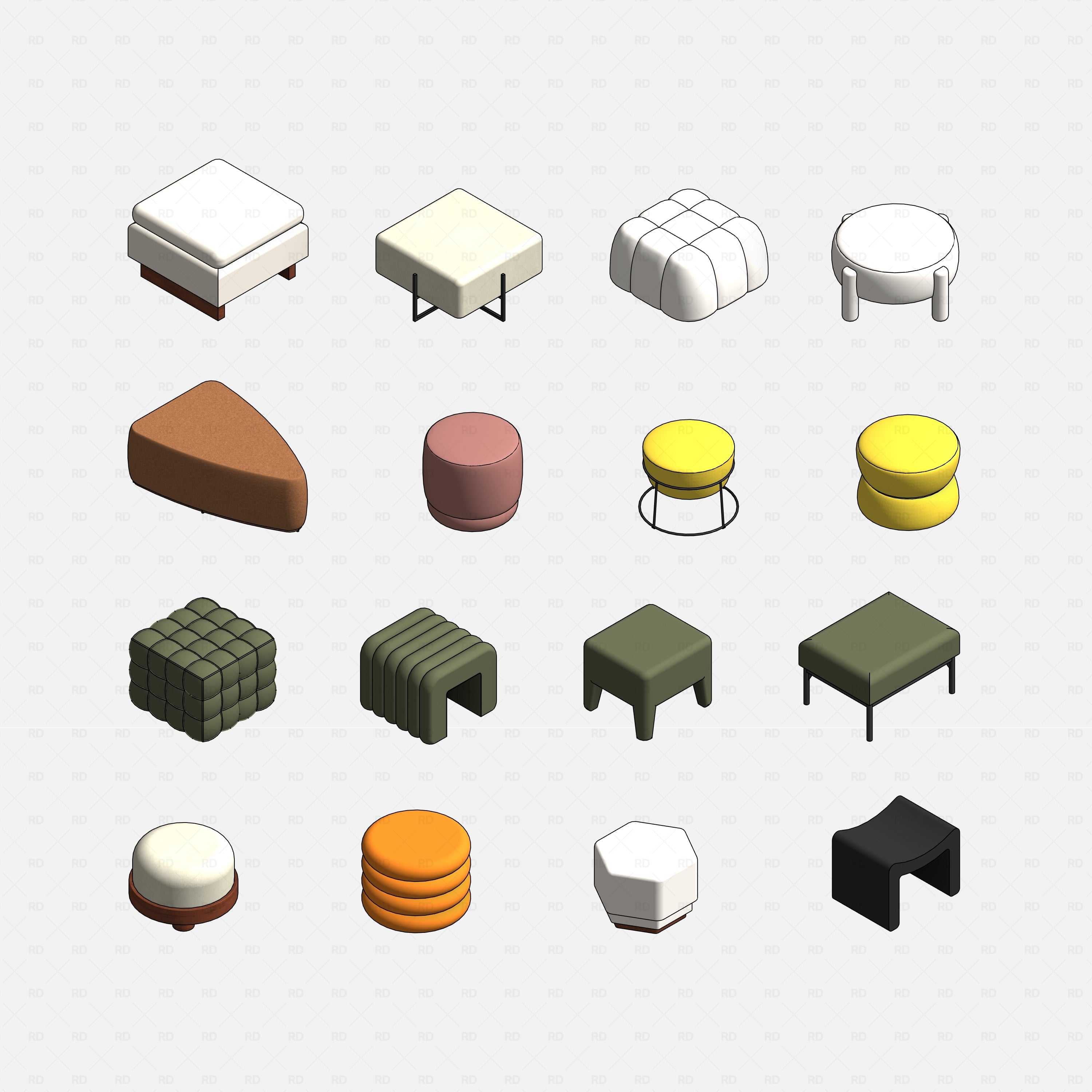 Revit Ottoman 01 RD Studio BIM blocks rfa grid of 16 ottoman Revit families with varied shapes and bases