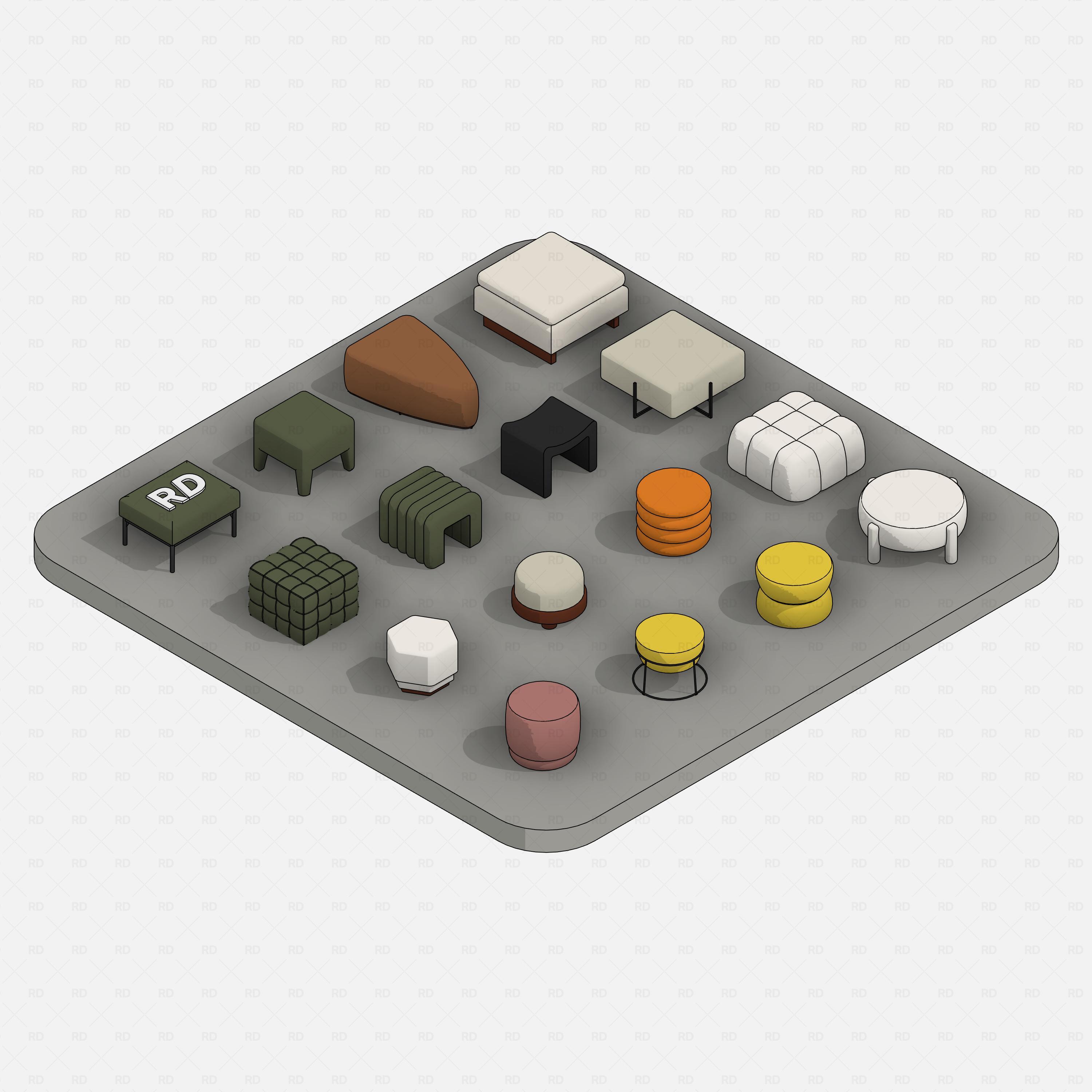 Revit Ottoman 01 RD Studio BIM blocks rfa overview of 16 colorful modern ottoman families in isometric view