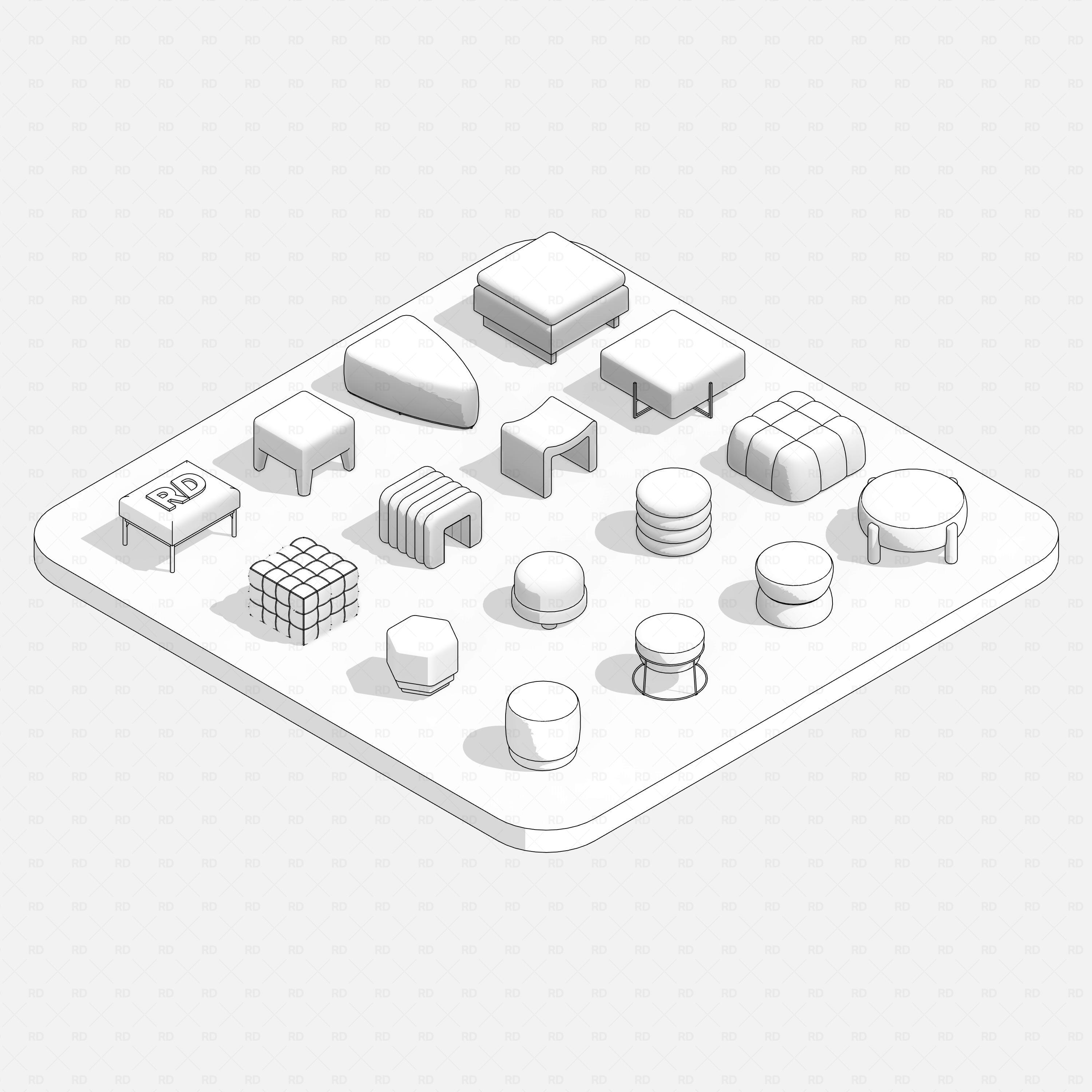 Revit Ottoman 01 RD Studio BIM blocks rfa hidden line isometric view of 16 ottoman family types on neutral base