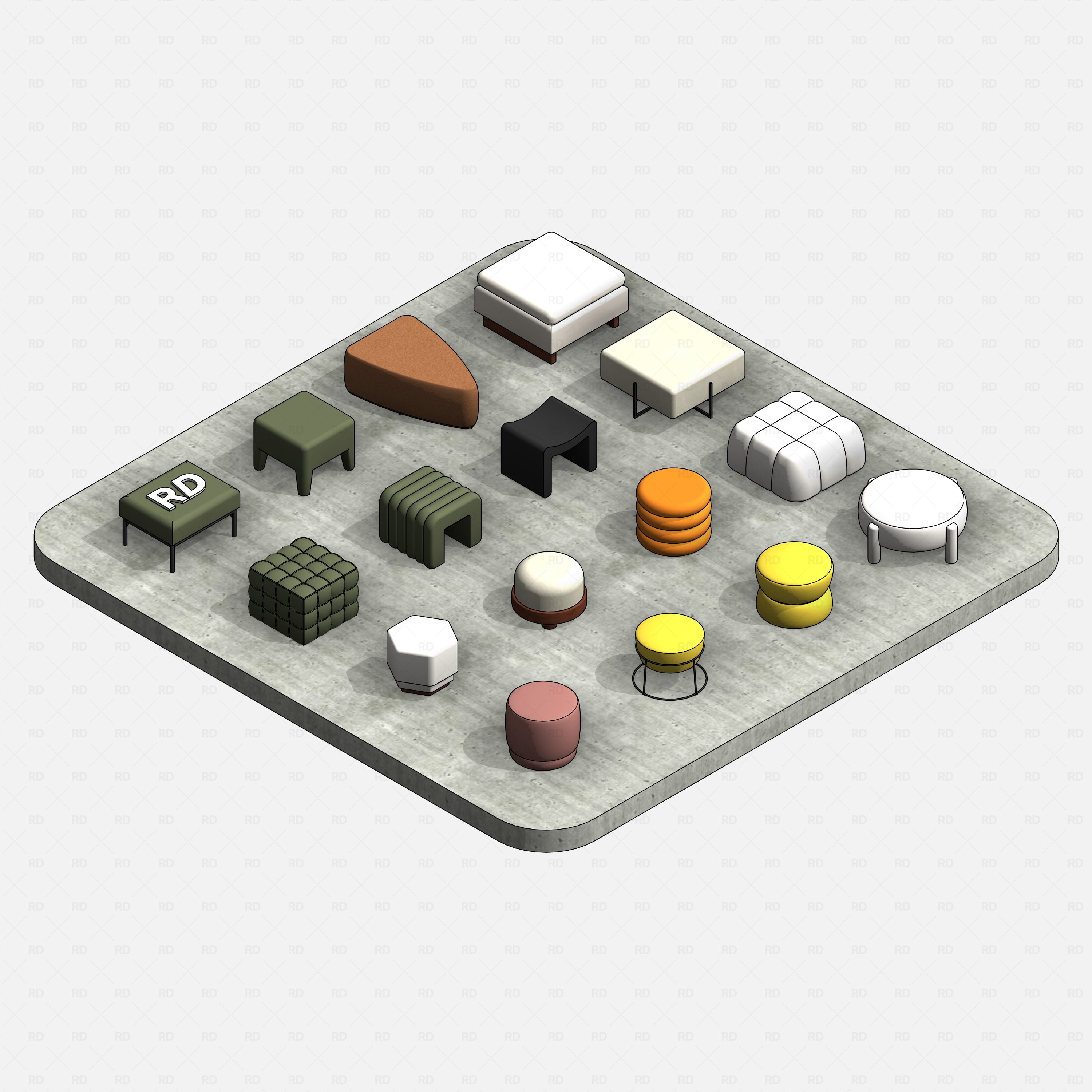 Revit Ottoman 01 RD Studio BIM blocks rfa rendered isometric view of 16 ottomans on concrete style platform