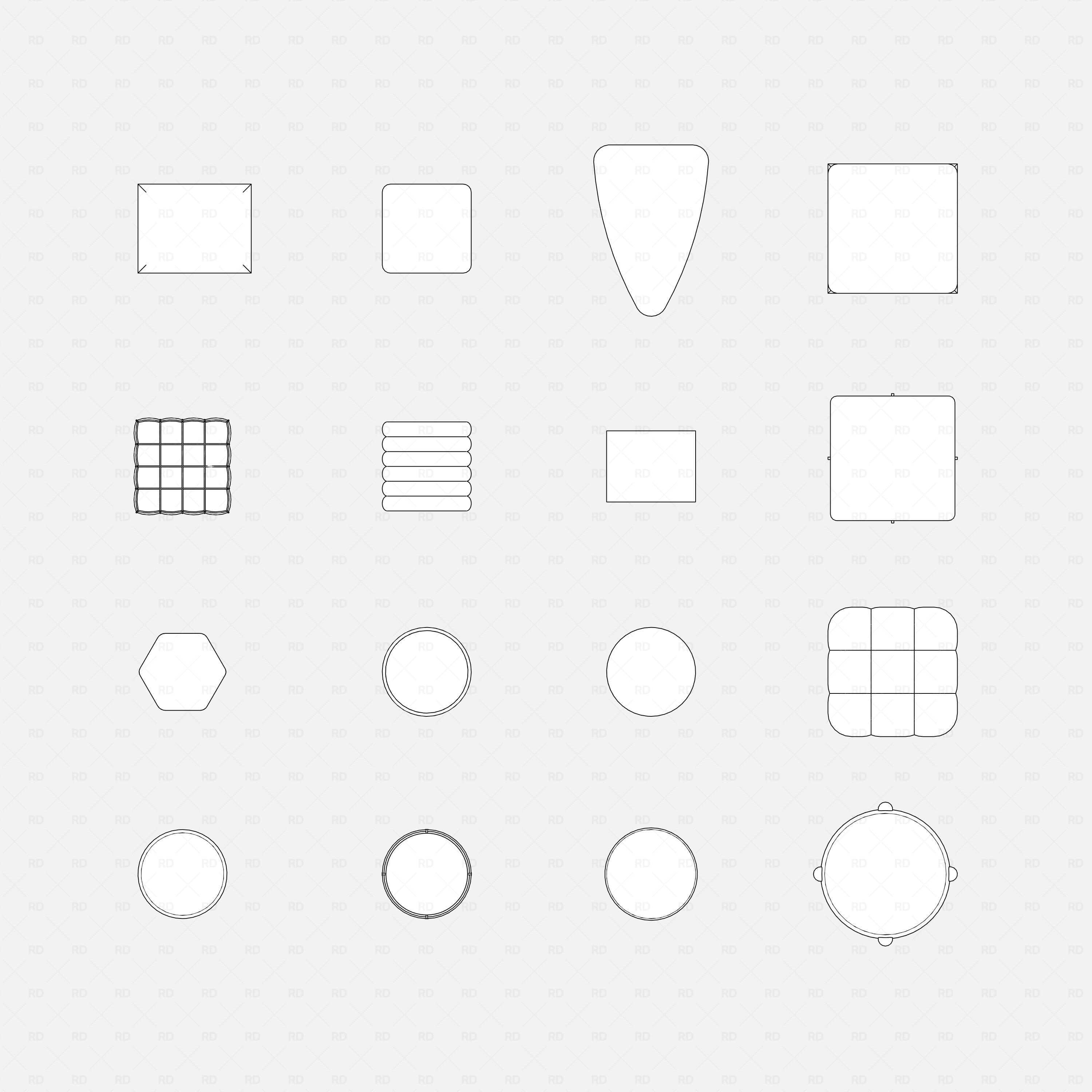 Revit Ottoman 01 RD Studio BIM blocks rfa floor plan outlines of 16 ottoman shapes showing 2D plan symbols