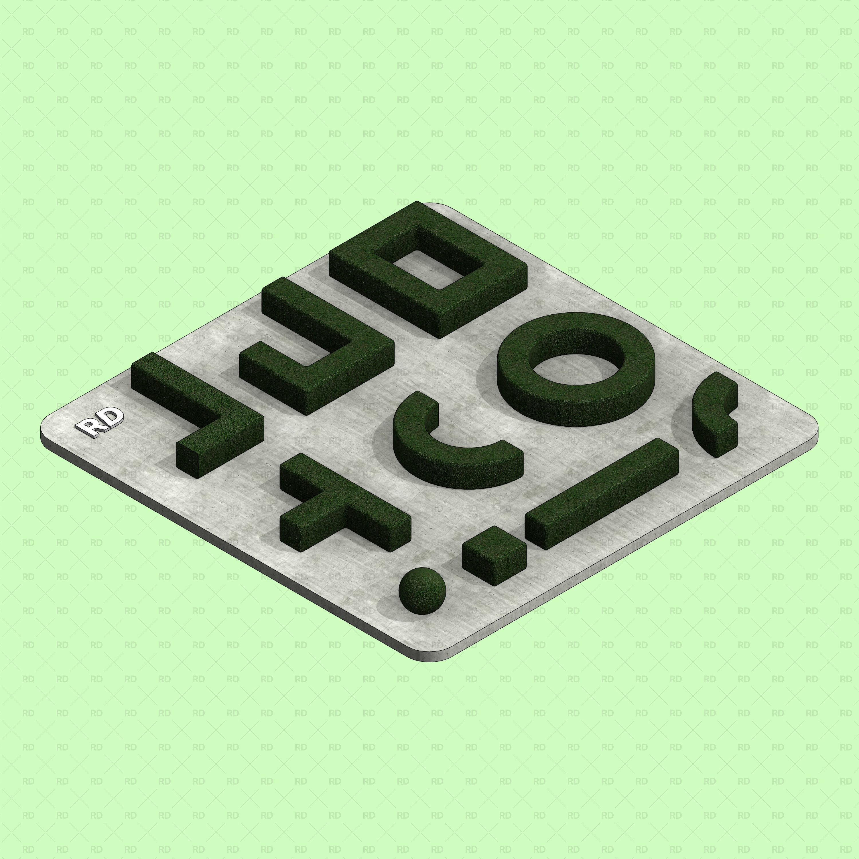 Revit 3D Hedge Shrubs RD Studio BIM Blocks Rfa - Isometric Plate Showing Geometric Hedge Forms On Concrete Base