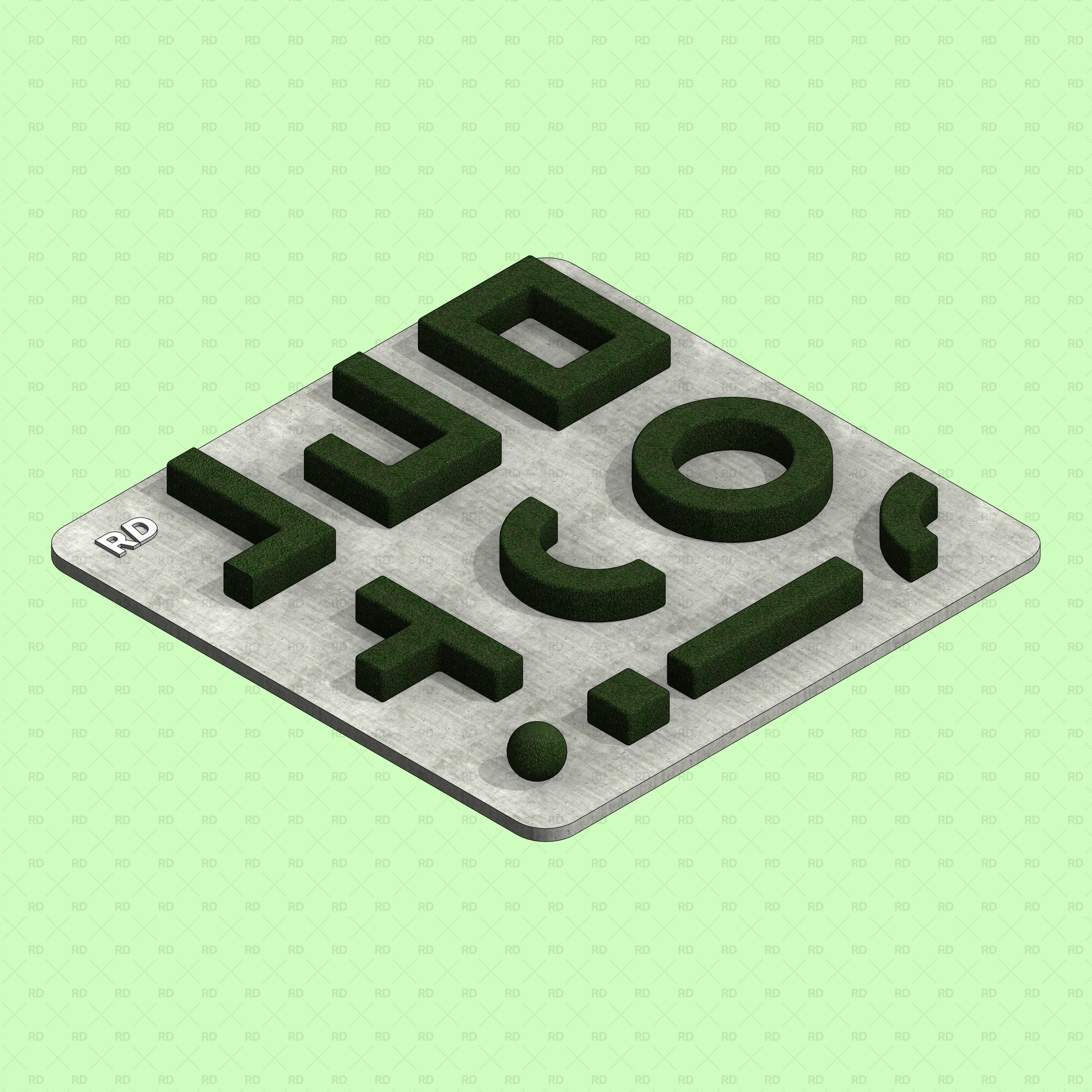 Revit 3D Hedge Shrubs RD Studio BIM Blocks Rfa - Isometric Plate Showing Geometric Hedge Forms On Concrete Base