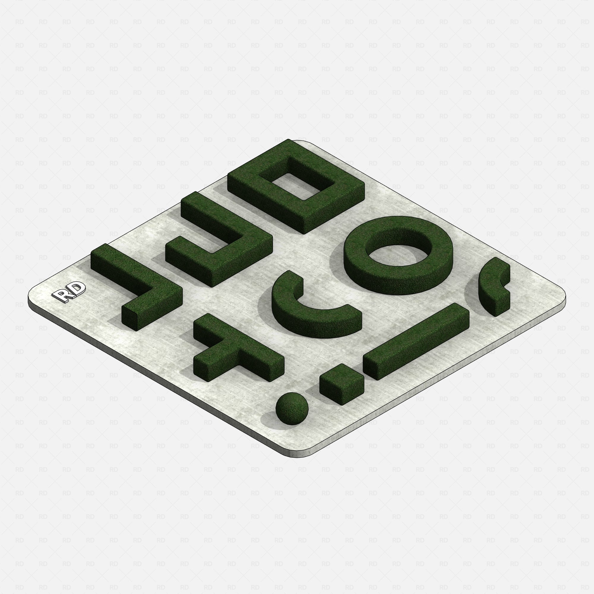 Revit 3D Hedge Shrubs RD Studio BIM Blocks Rfa - Isometric Plate Showing Geometric Hedge Forms On Concrete Base