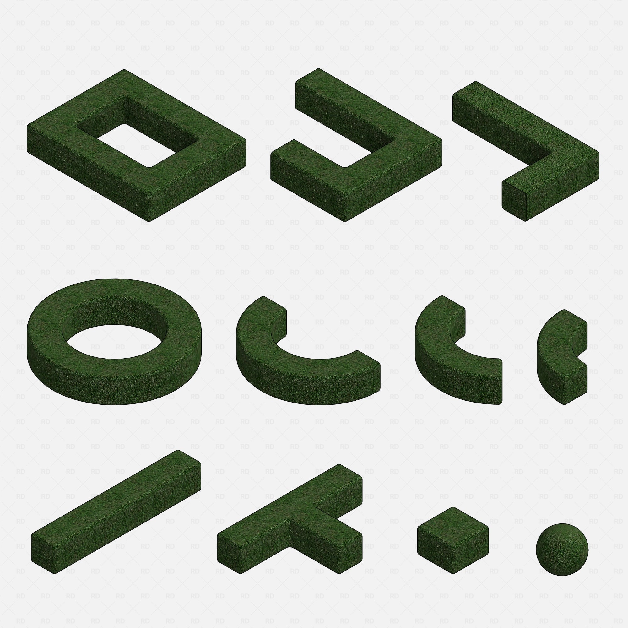 Revit 3D Hedge Shrubs RD Studio BIM Blocks Rfa - Grid Of Hedge Shapes: Square, L, Arrow, Circle, Curves, Bar, T, Sphere