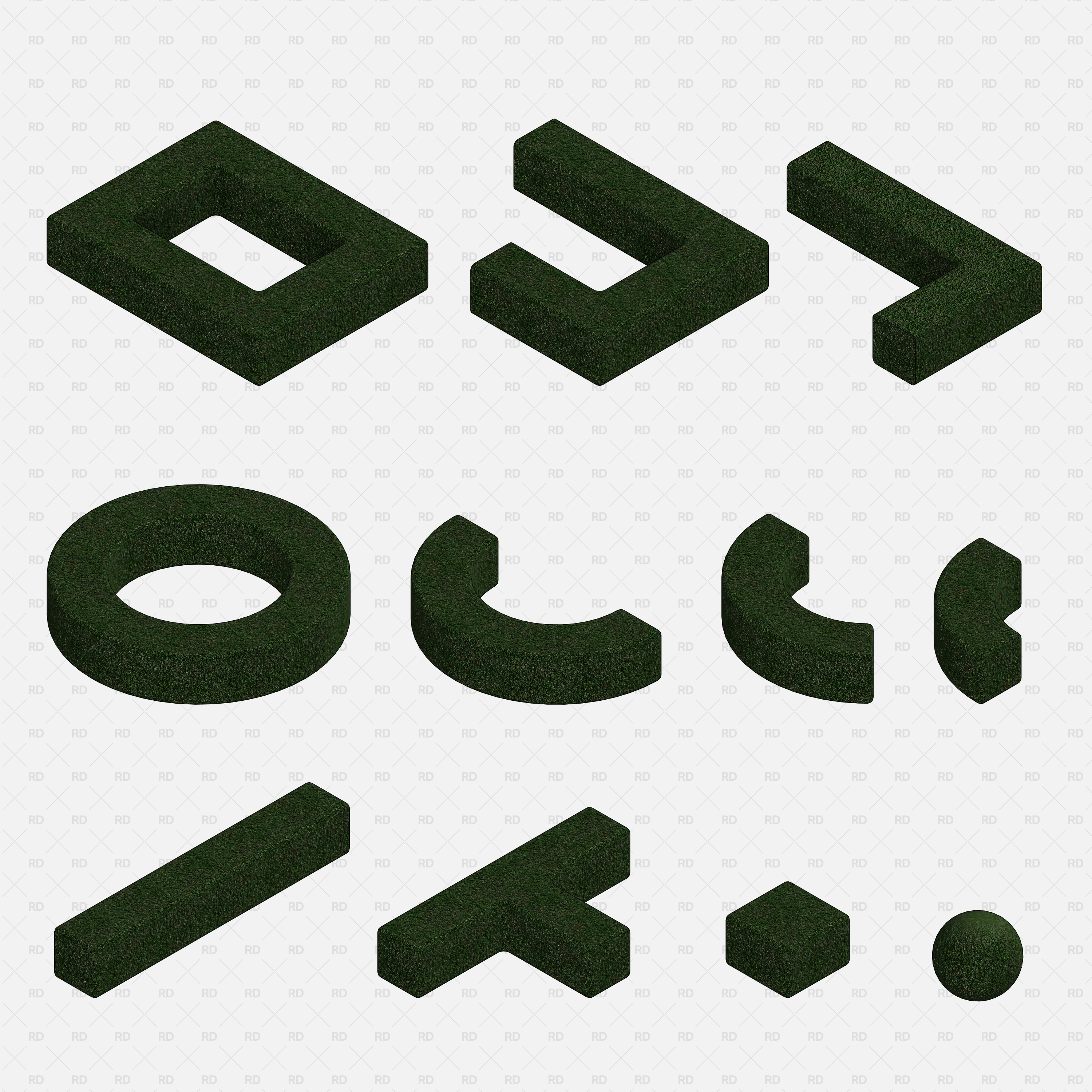Revit 3D Hedge Shrubs RD Studio BIM Blocks Rfa - Grid Of Hedge Shapes: Square, L, Arrow, Circle, Curves, Bar, T, Sphere