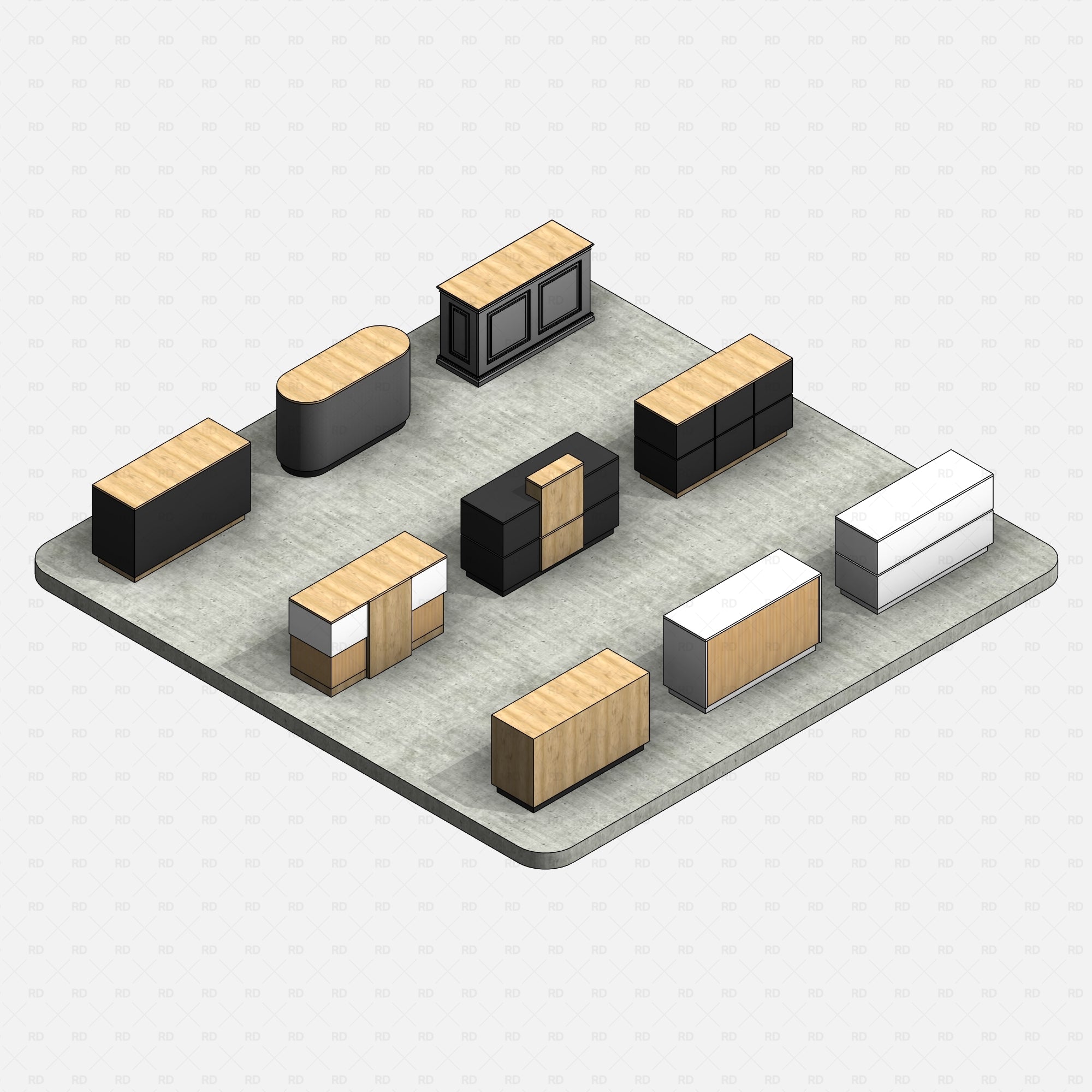 Revit Retail & Reception Counters RD Studio BIM blocks rfa realistic parametric checkout and service counter collection