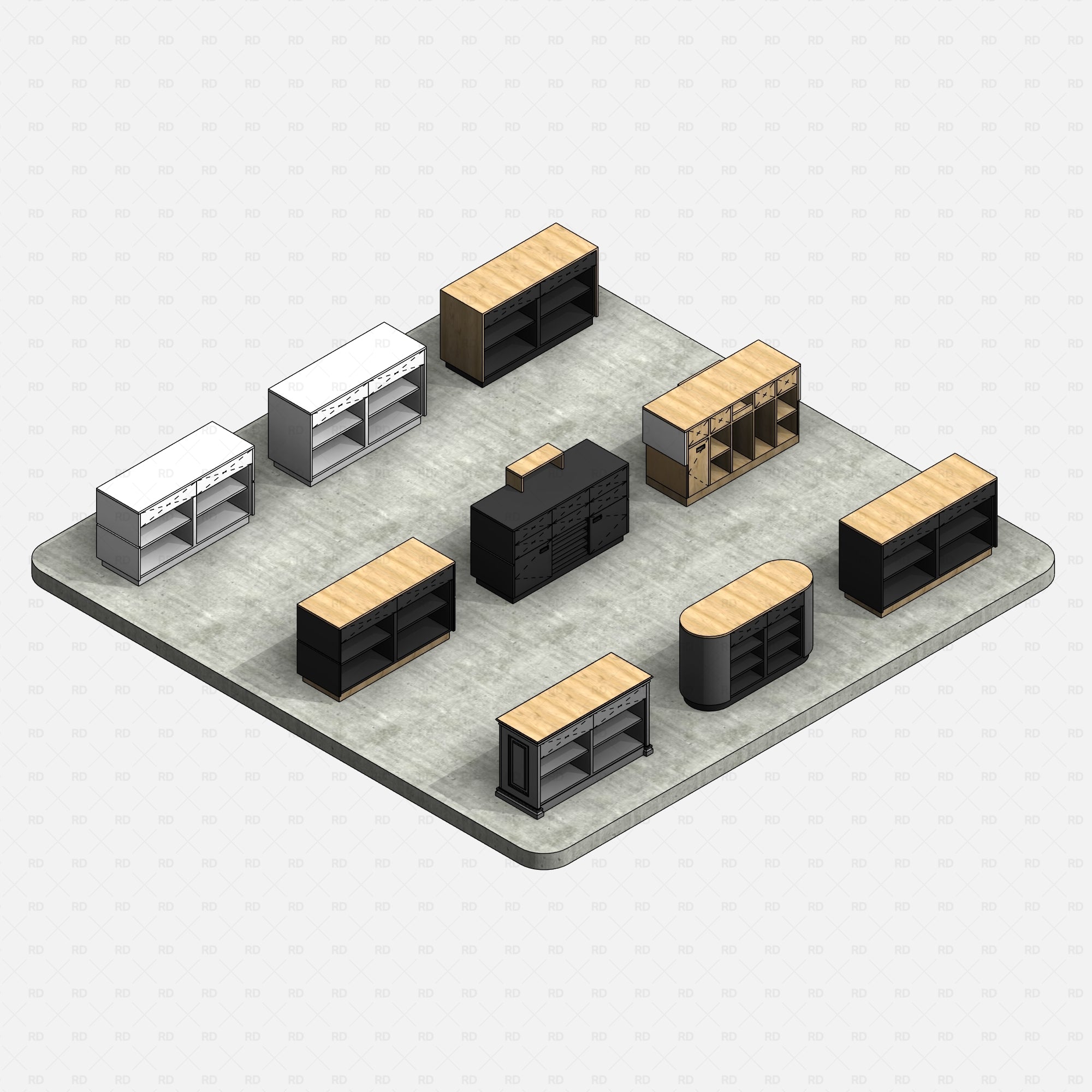 Revit Retail & Reception Counters RD Studio BIM blocks rfa realistic checkout and reception desk grid