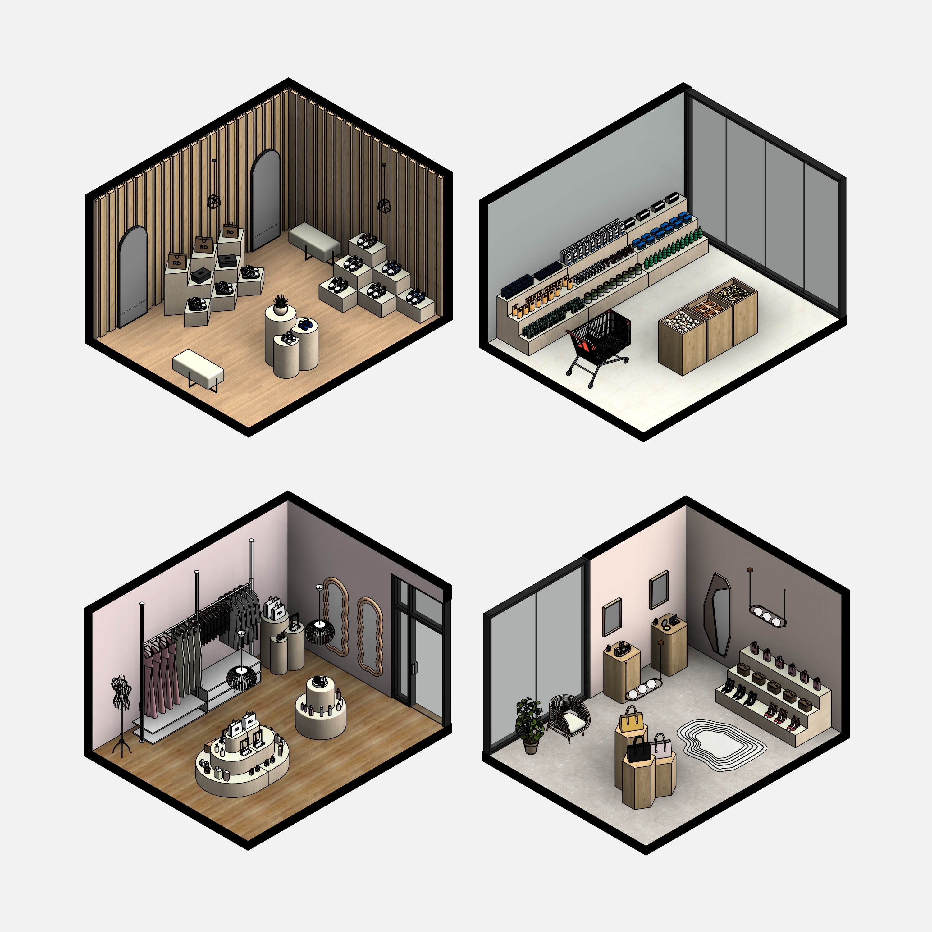Revit Retail Furniture 01 RD Studio BIM blocks rfa different commercial shops