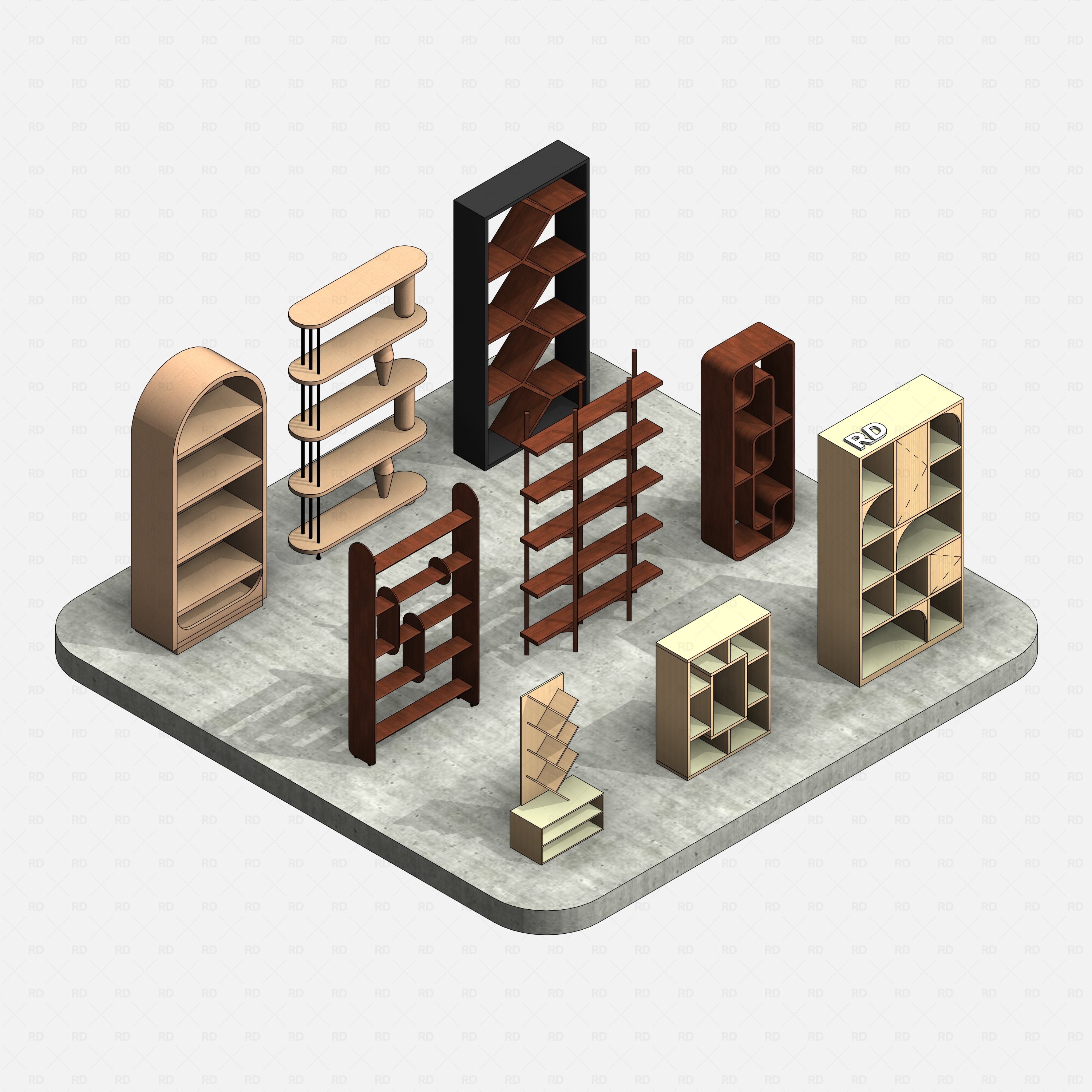 Revit Shelving Collection 03 RD Studio BIM blocks rfa all realistic shelving system in isometric view