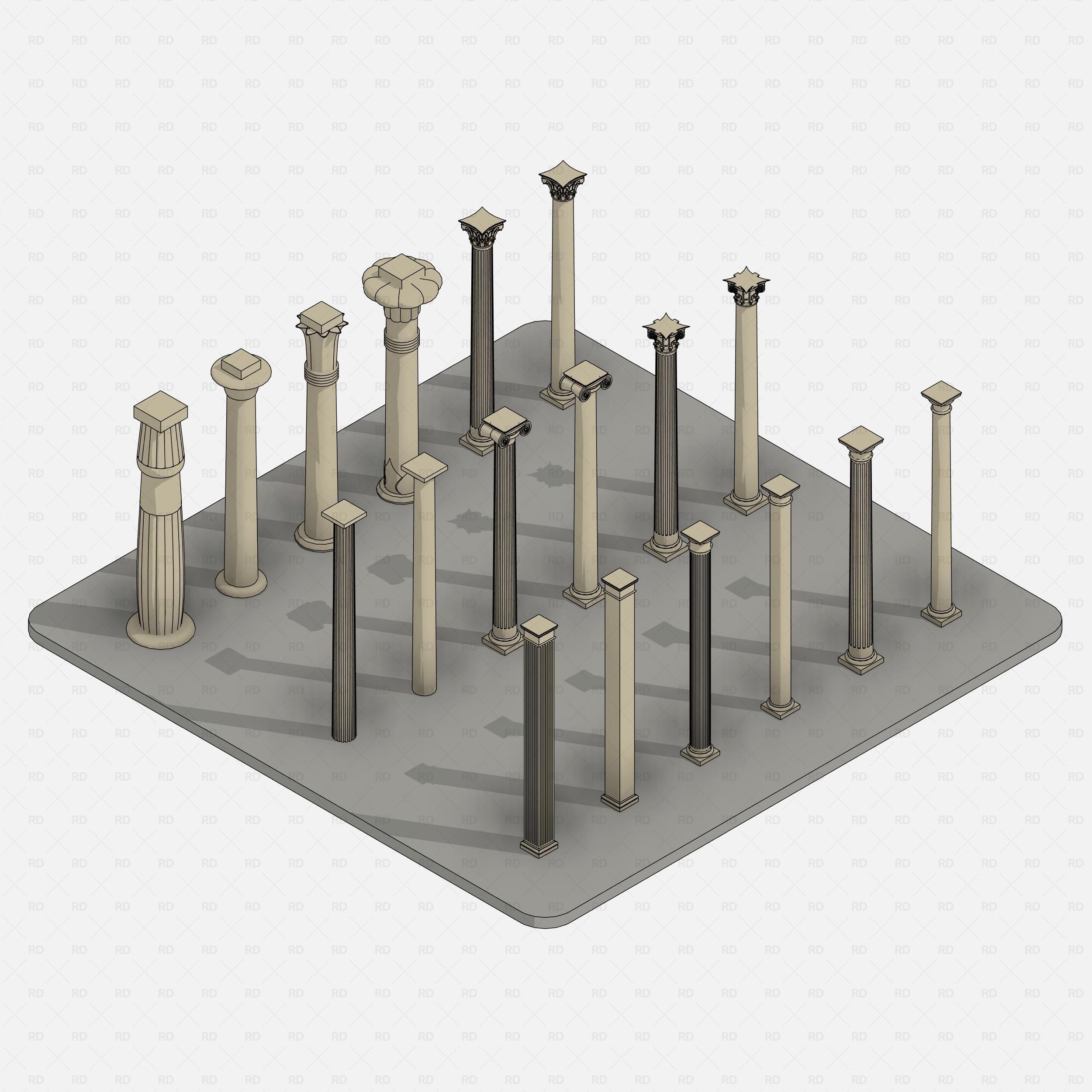 Revit classical stone columns Pack RD Studio BIM blocks rfa shaded isometric set of all classical stone columns