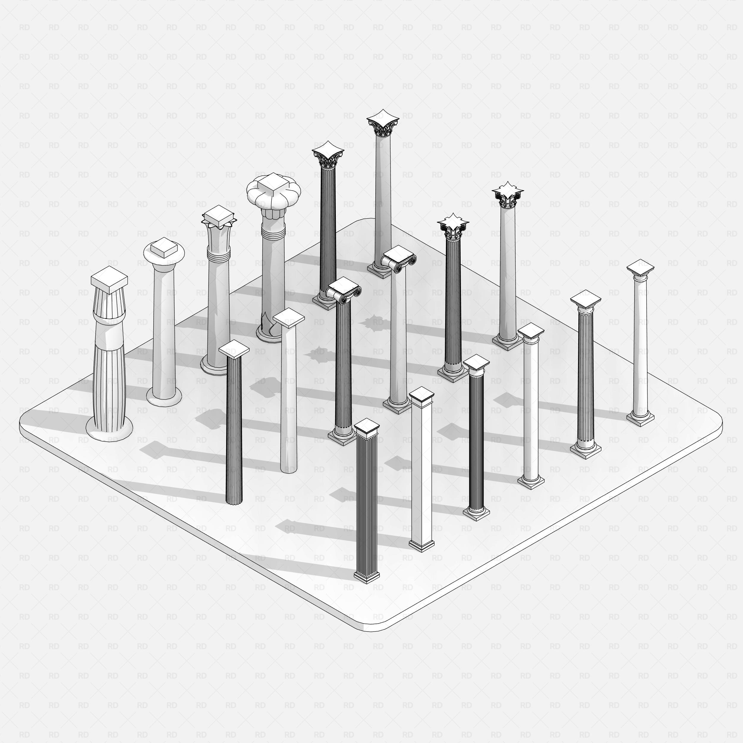 Revit classical stone columns Pack RD Studio BIM blocks rfa hidden line isometric view of all stone columns