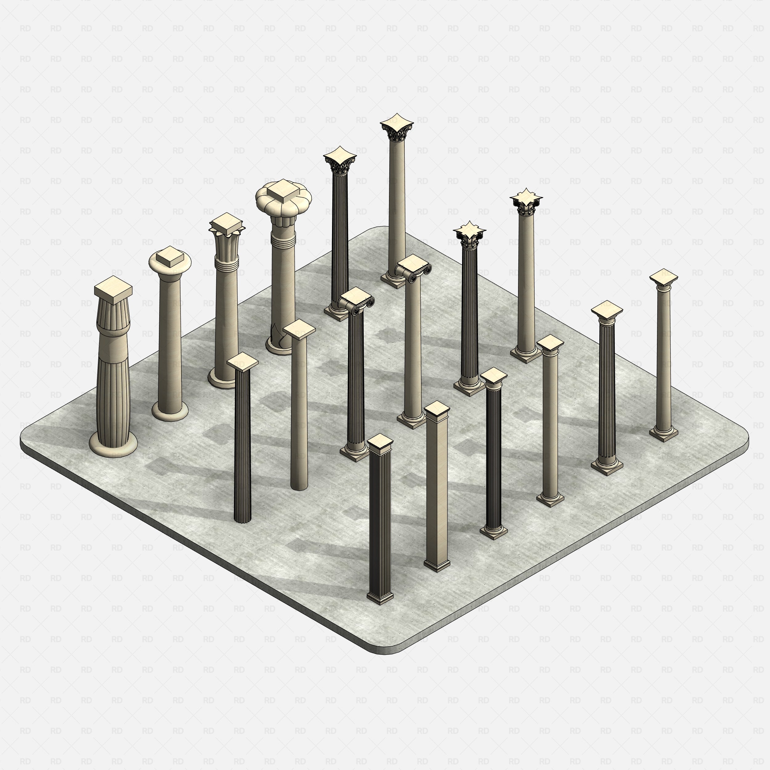 Revit classical stone columns Pack RD Studio BIM blocks rfa isometric columns on textured stone base platform