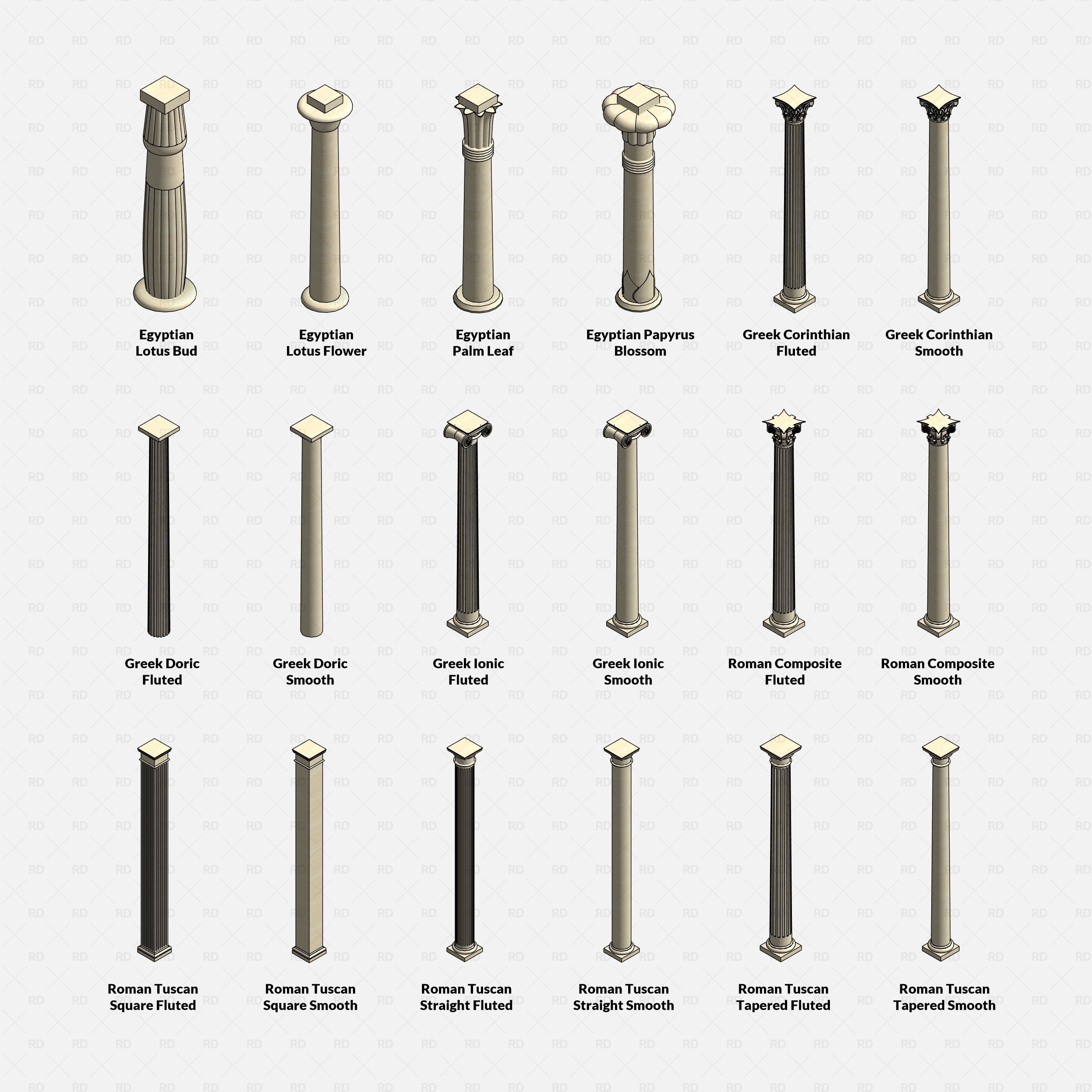 Revit classical stone columns Pack RD Studio BIM blocks rfa grid of 18 Egyptian Greek Roman stone column styles