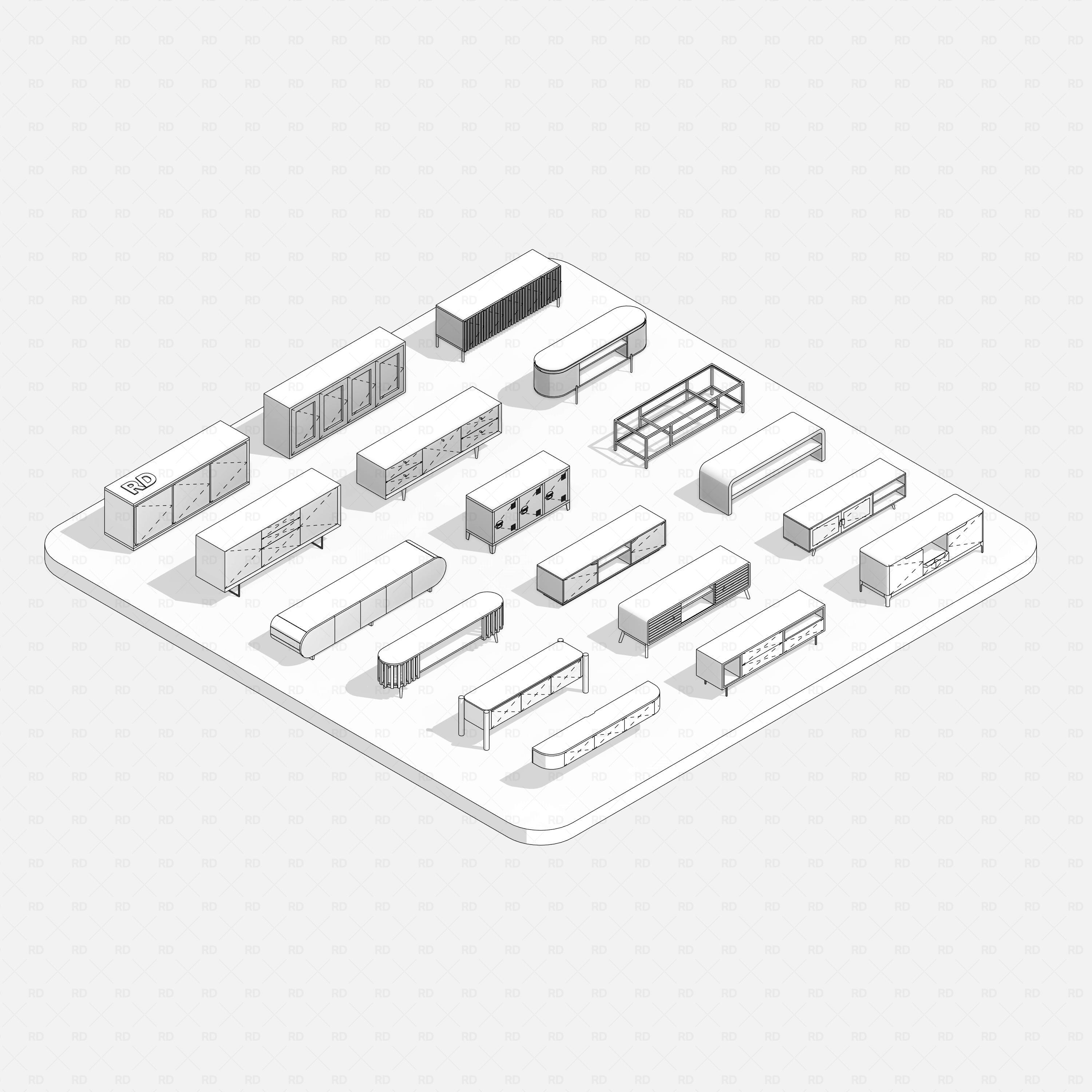 revit tv stands RD Studio BIM blocks rfa – Linework View Of TV Stand Pack, All Models On Platform