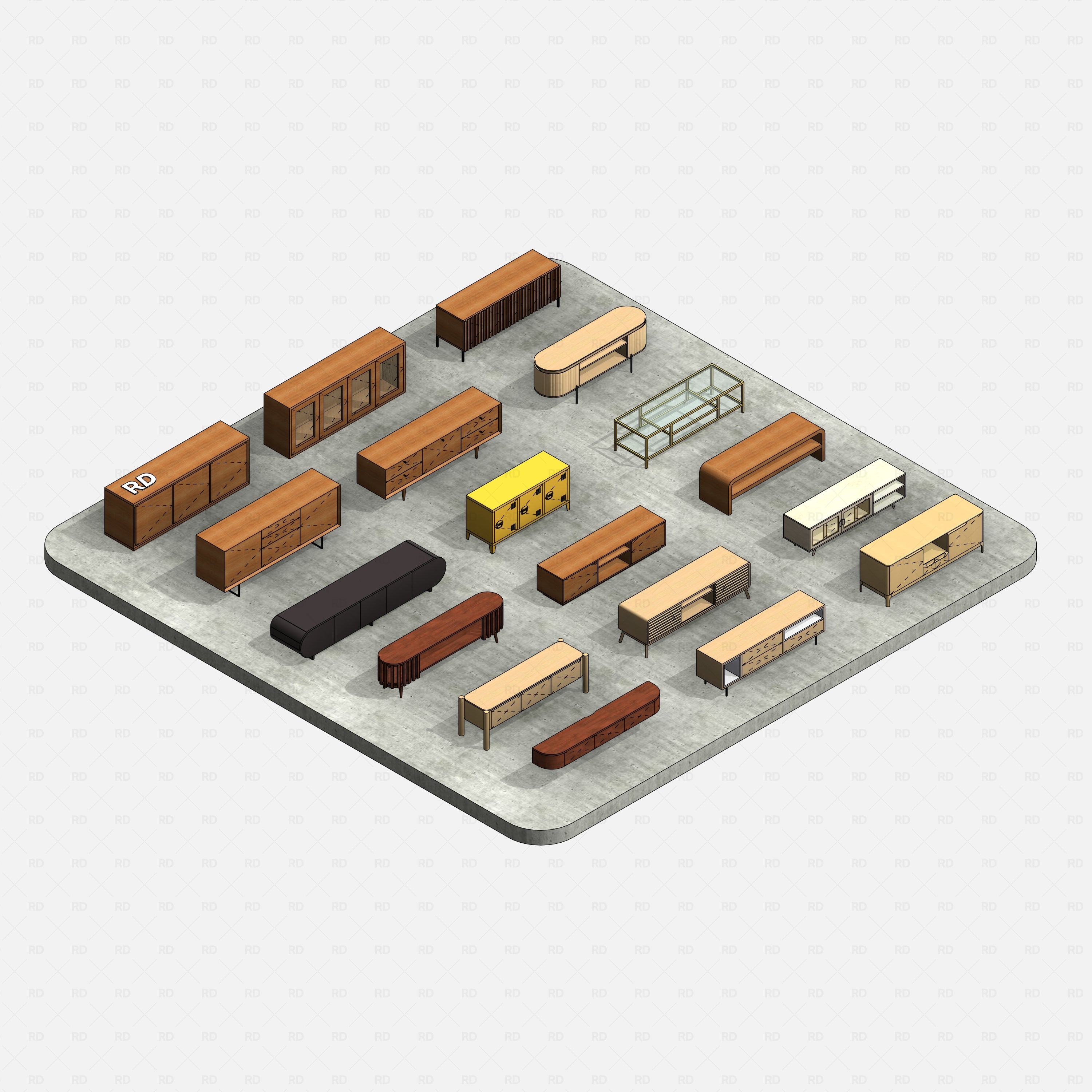 revit tv stands RD Studio BIM blocks rfa — Realistic Materials Overview Of TV Stand Set