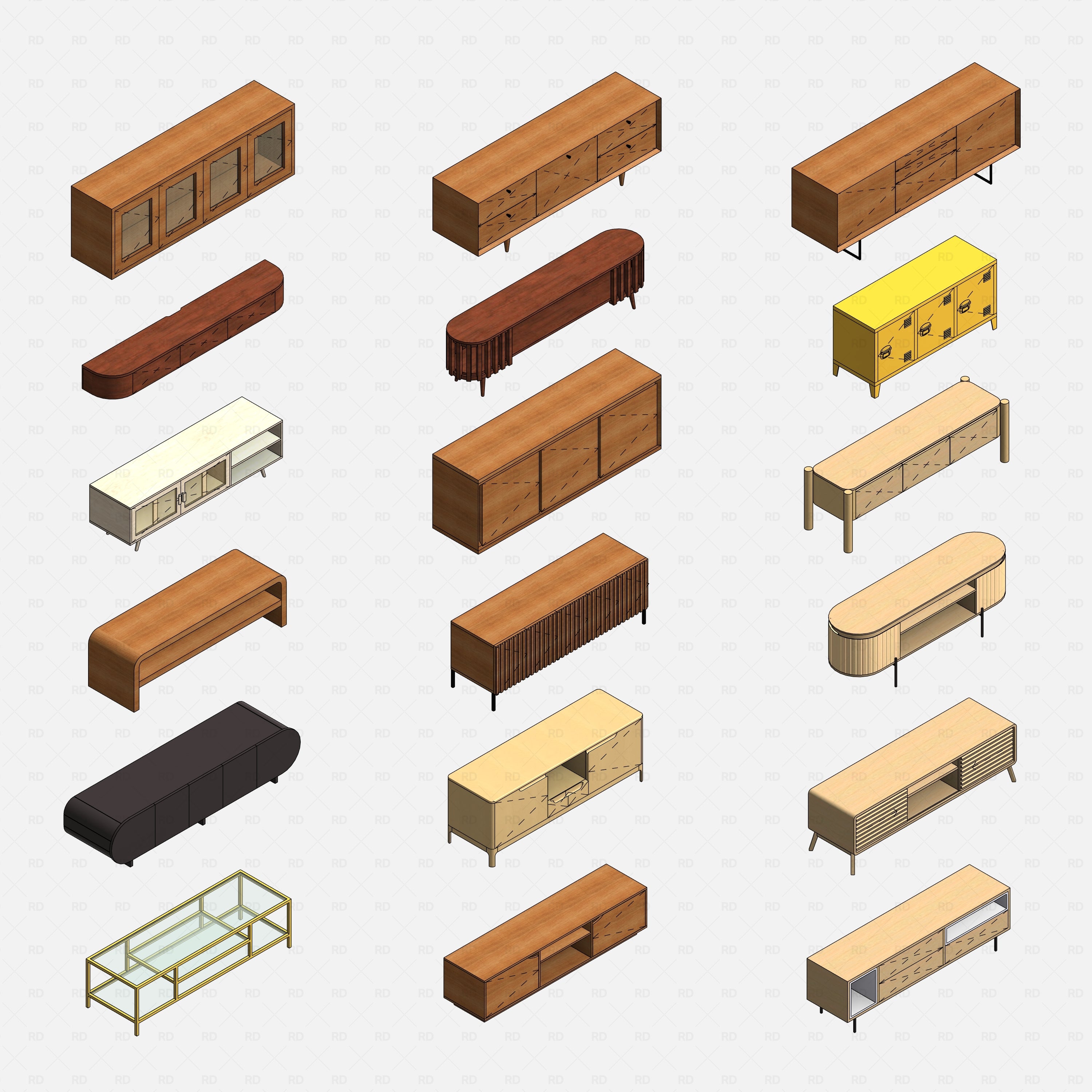 revit tv stands RD Studio BIM blocks rfa — Grid Lineup Showing Individual TV Stand Models