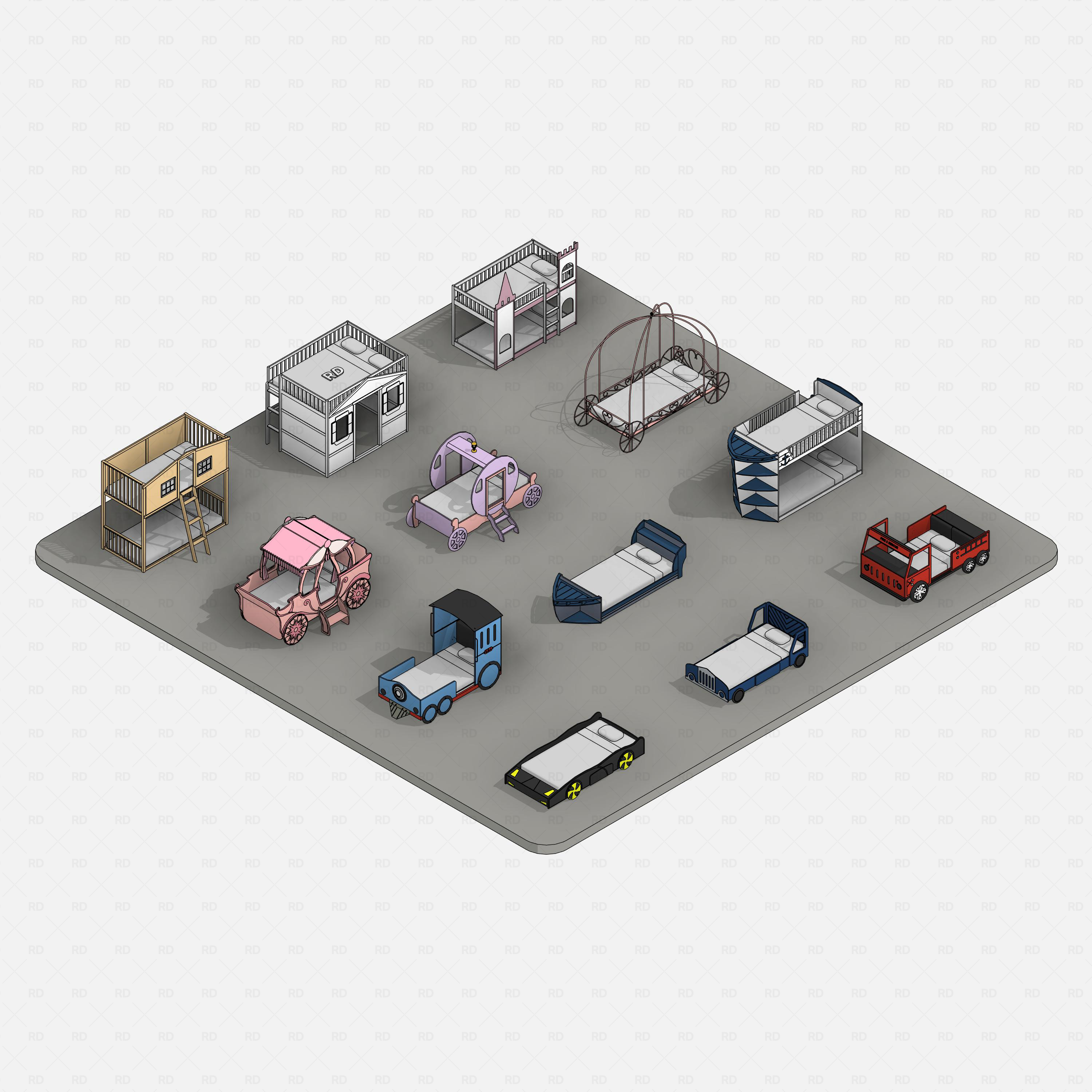 Revit Themed Kids Beds Pack RD Studio BIM blocks rfa, color isometric set of all themed beds on grey base