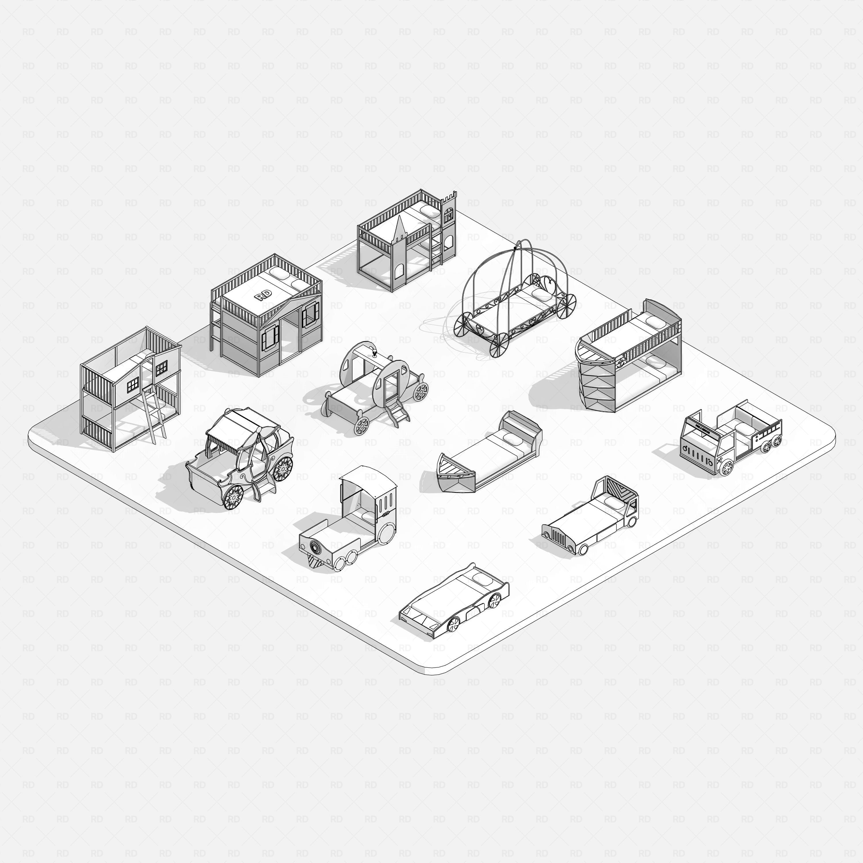 Revit Themed Kids Beds Pack RD Studio BIM blocks rfa, hidden line overview of all themed kids beds on platform