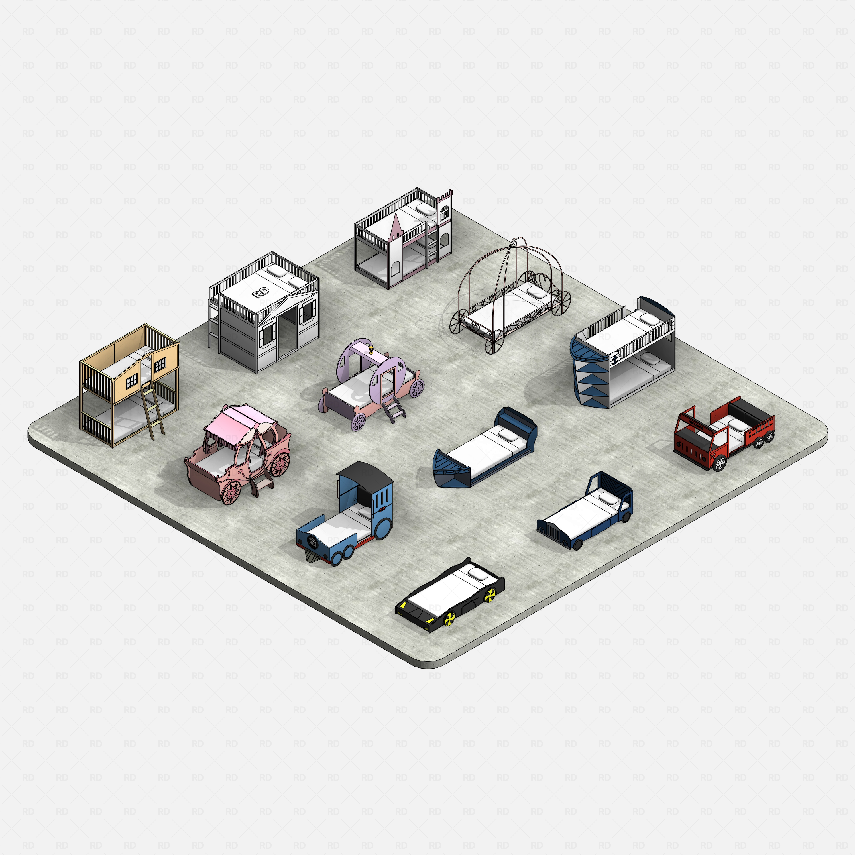 Revit Themed Kids Beds Pack RD Studio BIM blocks rfa, realistic view of all kids beds on concrete floor