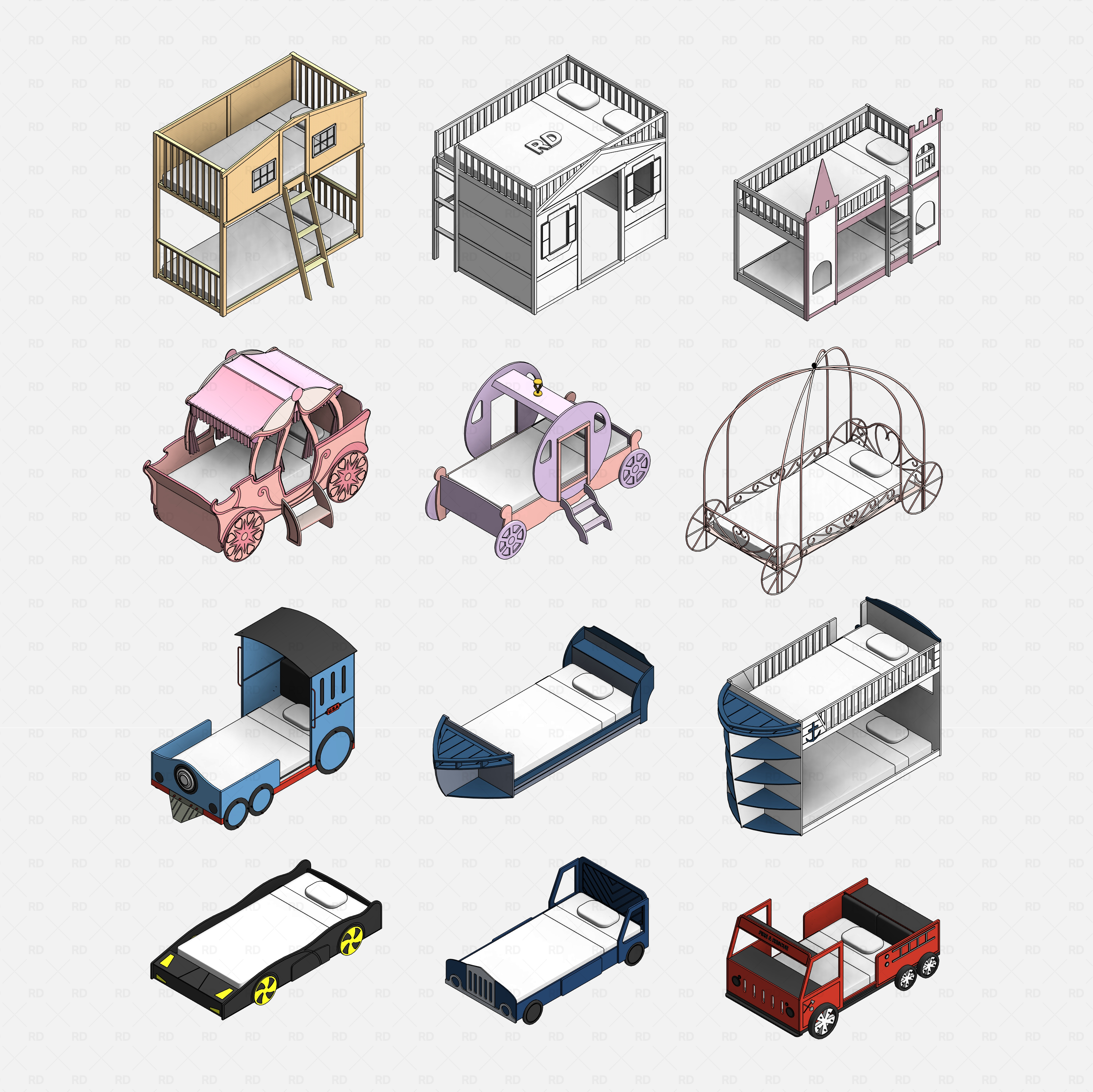 Revit Themed Kids Beds Pack RD Studio BIM blocks rfa, grid of individual themed beds in isometric view