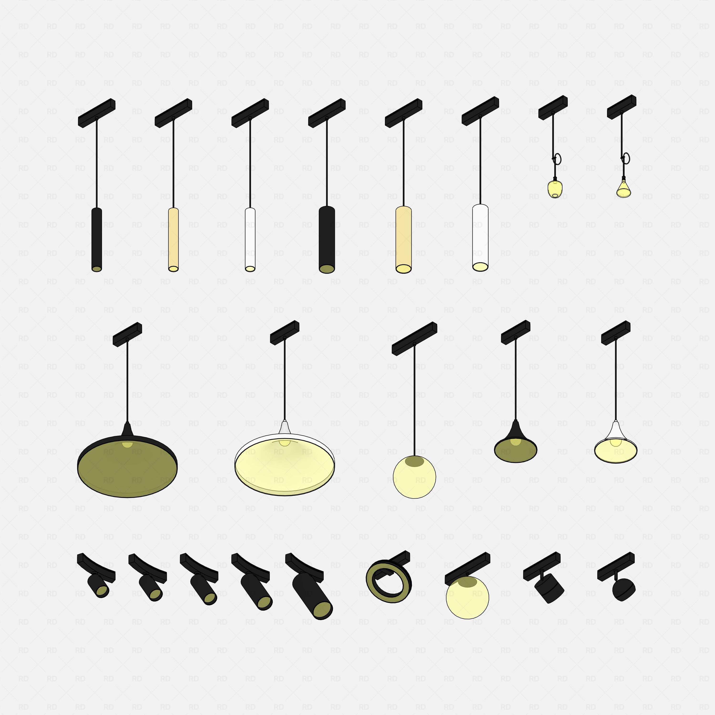 Revit Track Lights System - Pro Pack RD Studio BIM blocks rfa full grid of pendant, linear and spot track fixtures